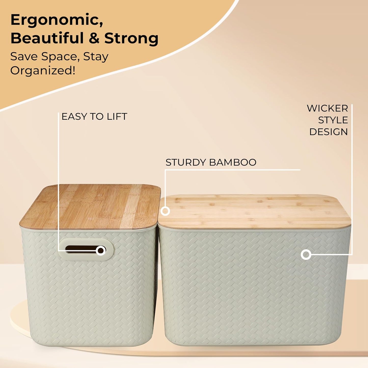 Storage Bins with Bamboo Lid – Stackable, Multi-Purpose Organizers for Pantry, Closet, Kitchen, and Home – Elegant Wicker-Style Design with Ergonomic Handles (Cream)
