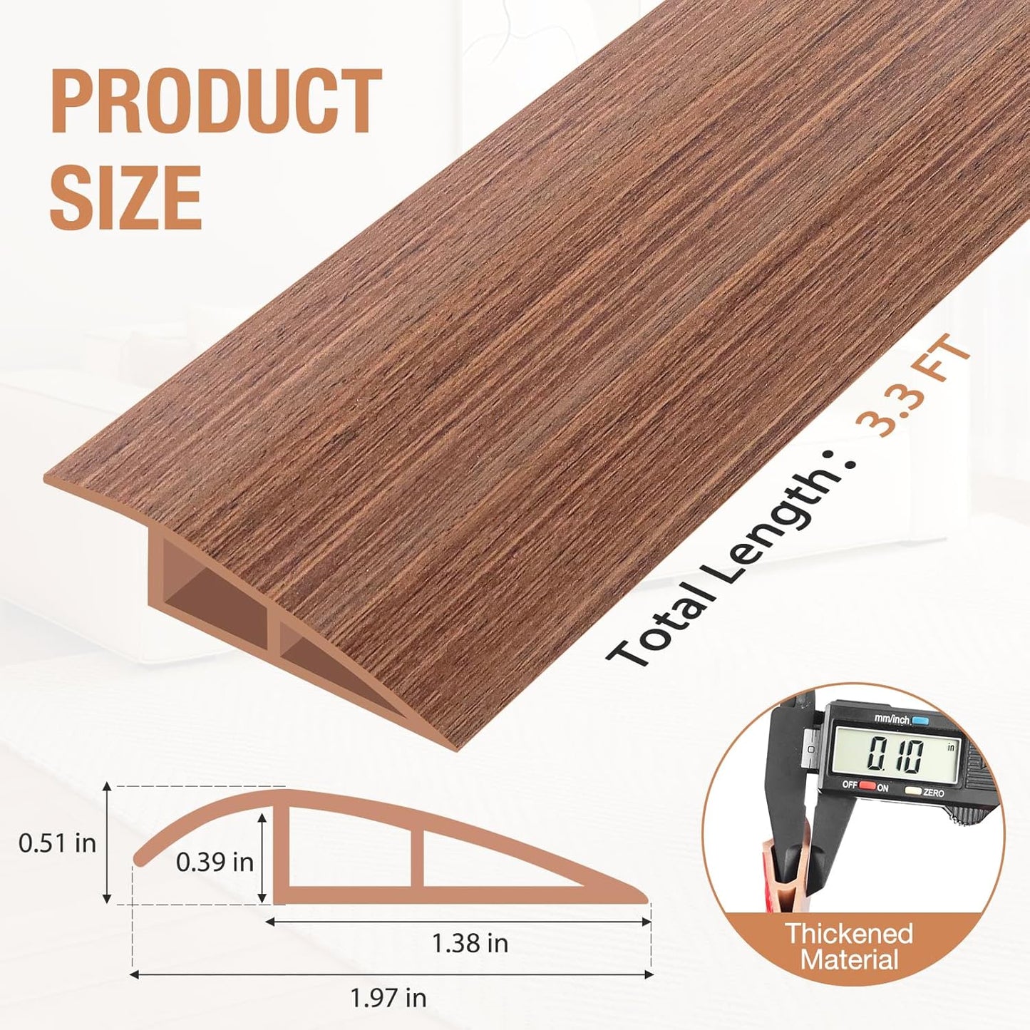 Floor Transition Strip Self Adhesive Vinyl Door Threshold for Doorways Carpet Edging Trim Overlap Edge Reducer for Laminate Floor, Carpet, Tile (Light Brown Wood Grain, 1/5" to 2/5", 3.3Ft)
