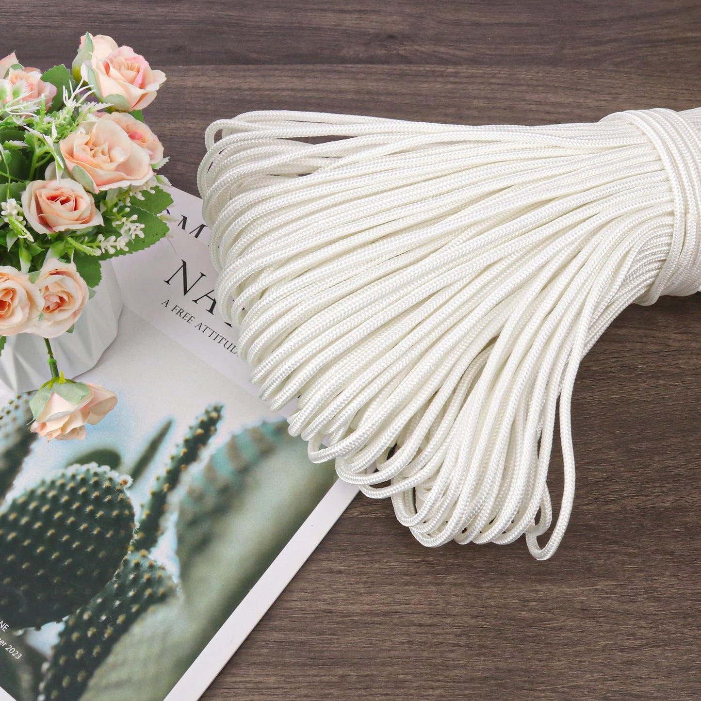 500 Feet 1/4 Inch White Polyester Rope, 6 mm Polypropylene Utility Rope for Kayaking, Camping, Home Decor