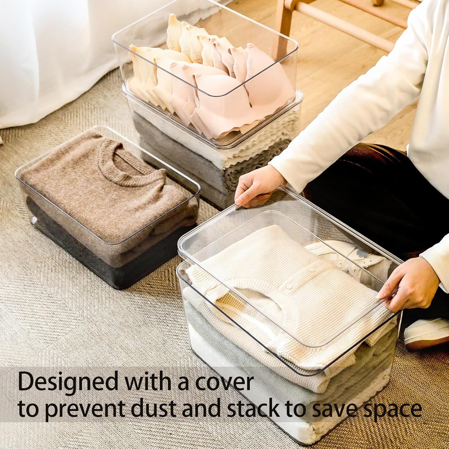 Lidded Plastic Storage Bins Set Clear Desk Basket Box Organizer Kitchen Container Clothes Laundry Closet Cabinet Shelf, Organization and Storage for Shelves Office Bathroom(clear 3XL+2M)