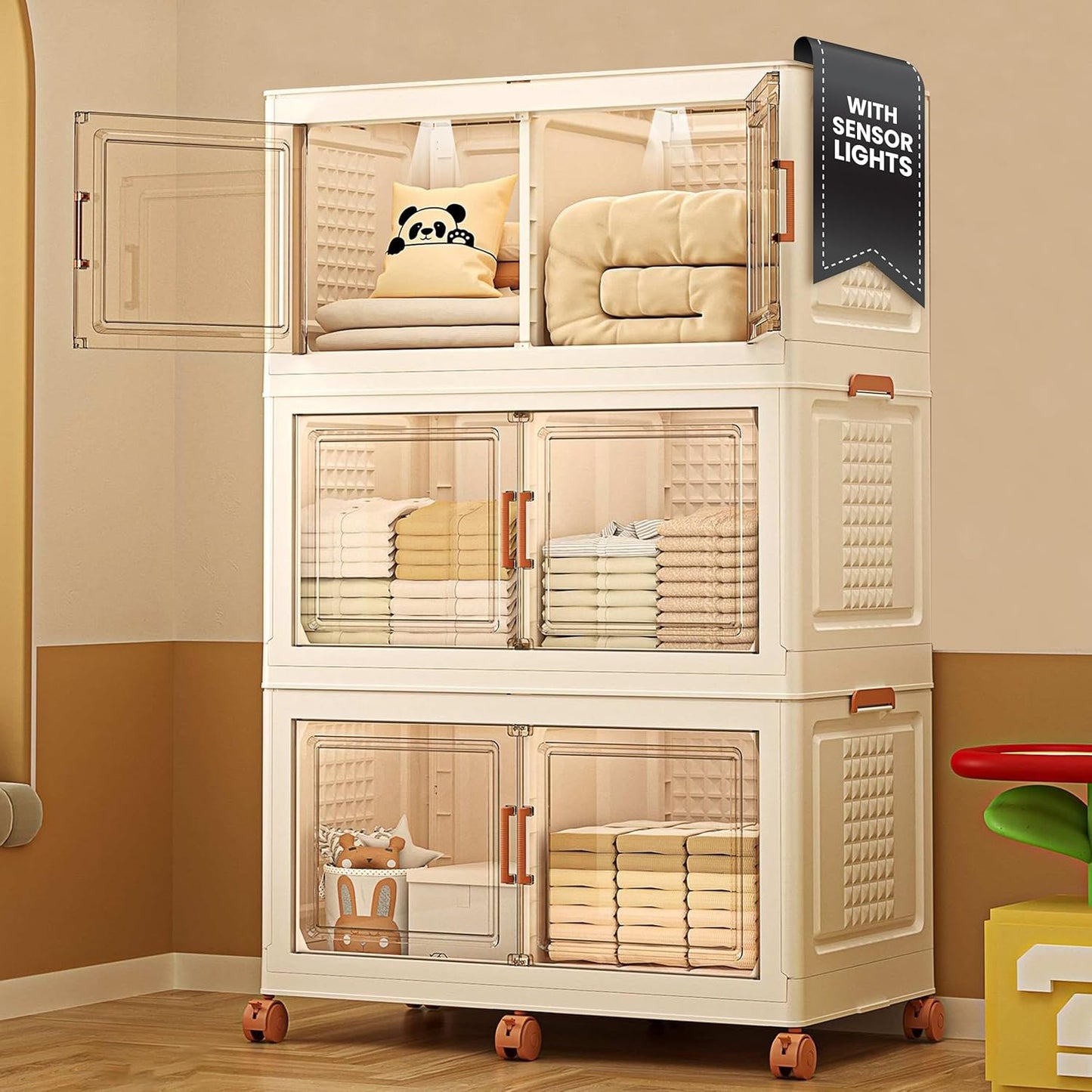 568QT/141Gal 3 Layer Stackable Storage Bins with Lid & Doors - Sensor Lights, Collapsible Storage Bin with 6 Wheels, Plastic Foldable Organizer for Home, Office Use