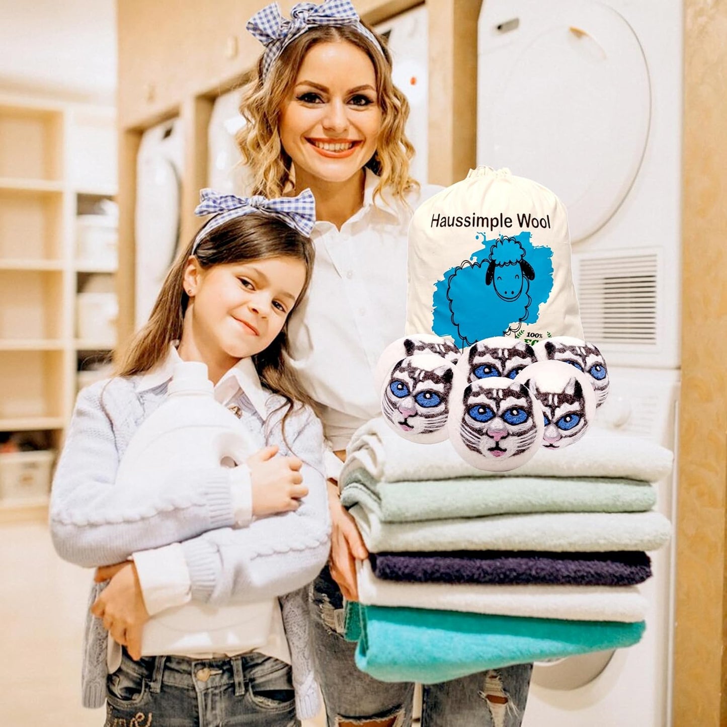 Wool Dryer Balls Organic Felt 6 Pack Laundry Fabric Softener, Extra Large Reusable Handmade Natural Sheep Wool Lint Wrinkle Free Anti Static Baby Safe (Gray Cat)