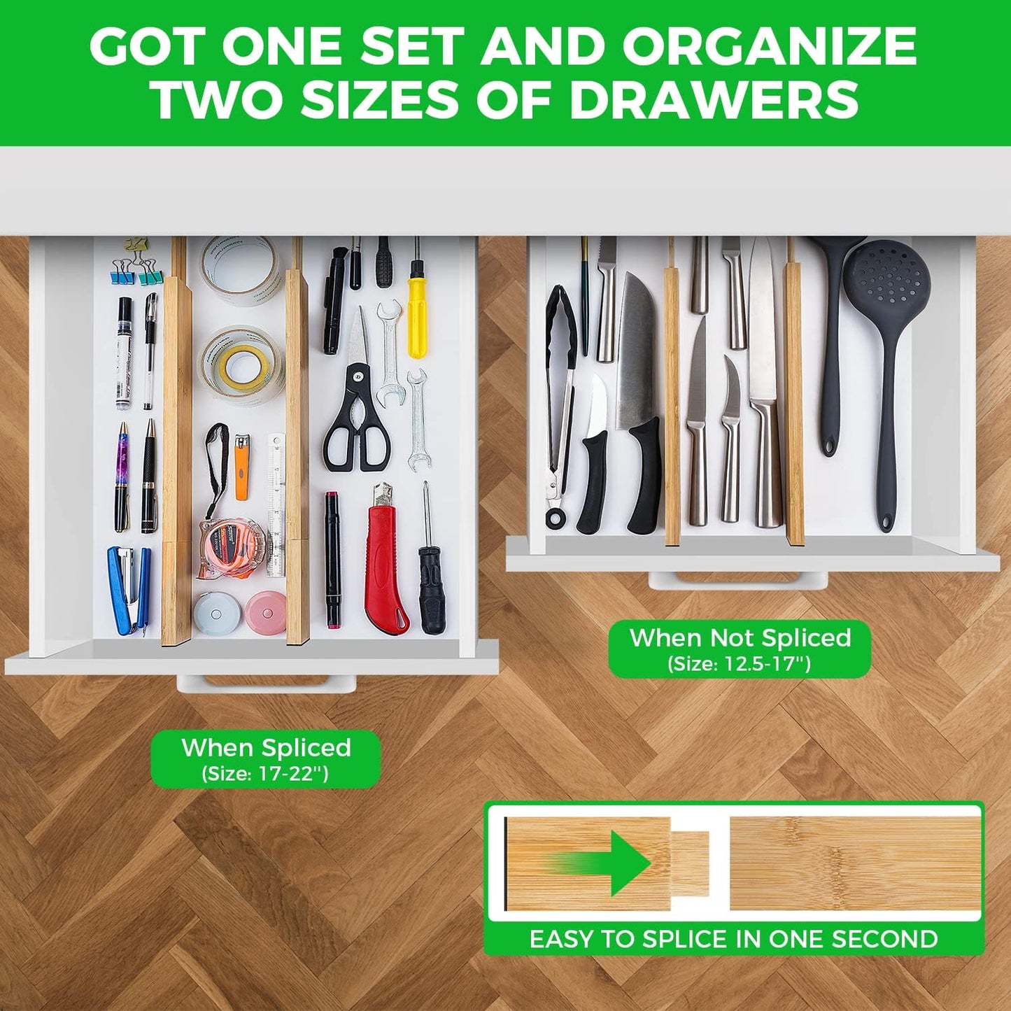 Bamboo Drawer Dividers Organizer with Inserts, Expandable from 12.5-21.7", Adjustable Drawer Organizer Separators for Utensils, Dresser, Bedroom, Bathroom, Closet, Clothing, Office (Beige)