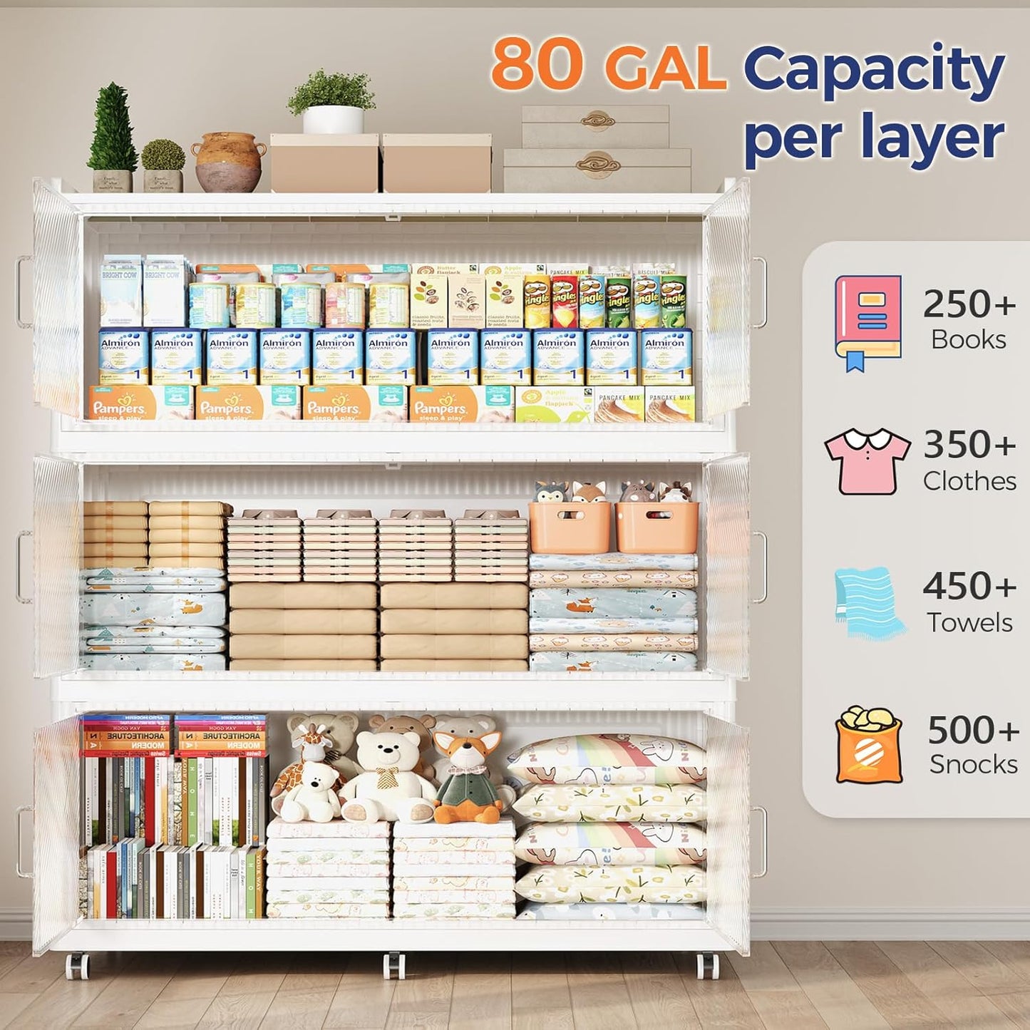 240GAL Extra Large Storage Bins with Lid, 960QT Collapsible Organizer with Wheels, Stackable Closet Cabinet with Doors, Folding Storage Containers for Home, Office, Dorm, 3Pack White