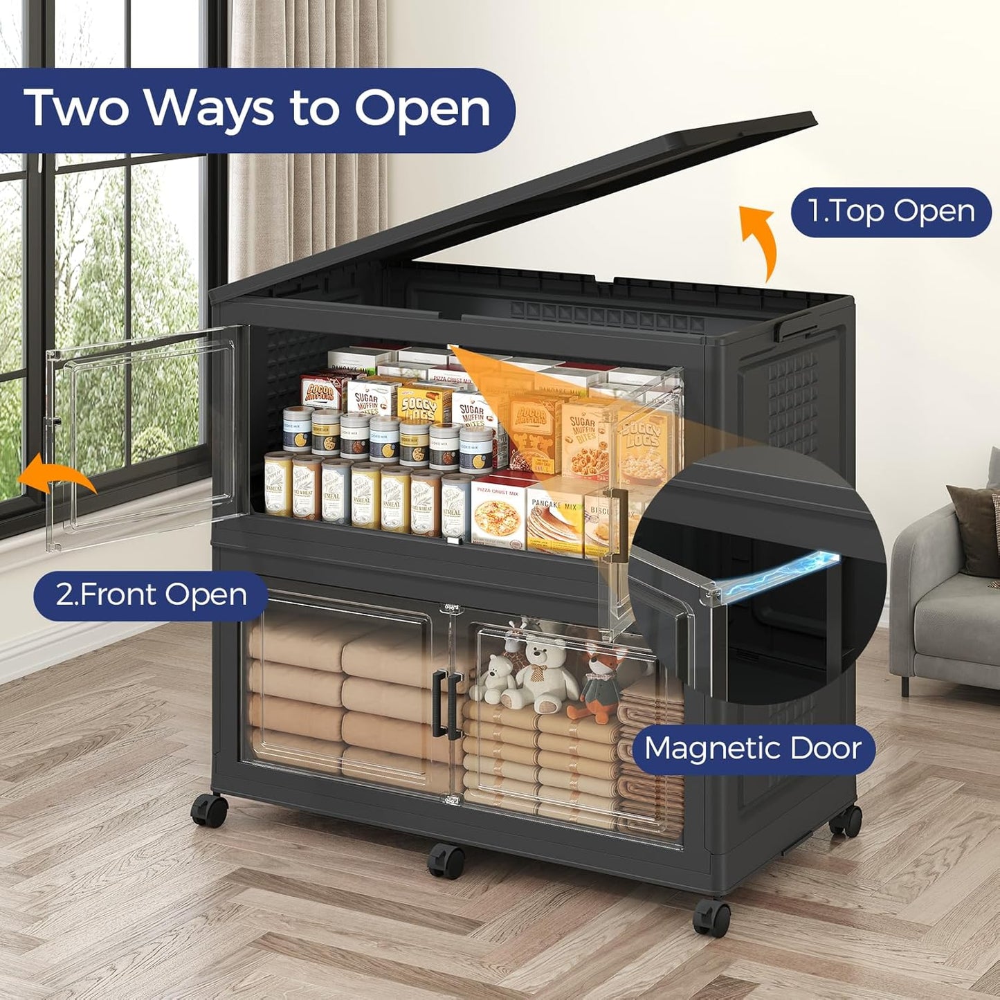 200GAL Storage Bins with Lid and Wheels, Stackable Closet Organizers and Storage Drawer, Collapsible Storage Box with Dividers, Foldable Plastic Cabinets Cubes Totes for Garage, 5 Pack Black