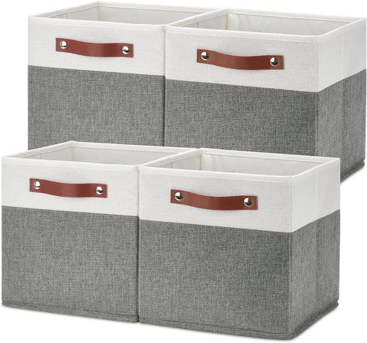Temary Cube Storage Bins 4 Pack Storage Cubes 11×11 Fabric Storage Bins Foldable Cube Storage Baskets with Handles, Collapsible Storage Basket for Shelf (White & Grey, 11 x 11 x 11)