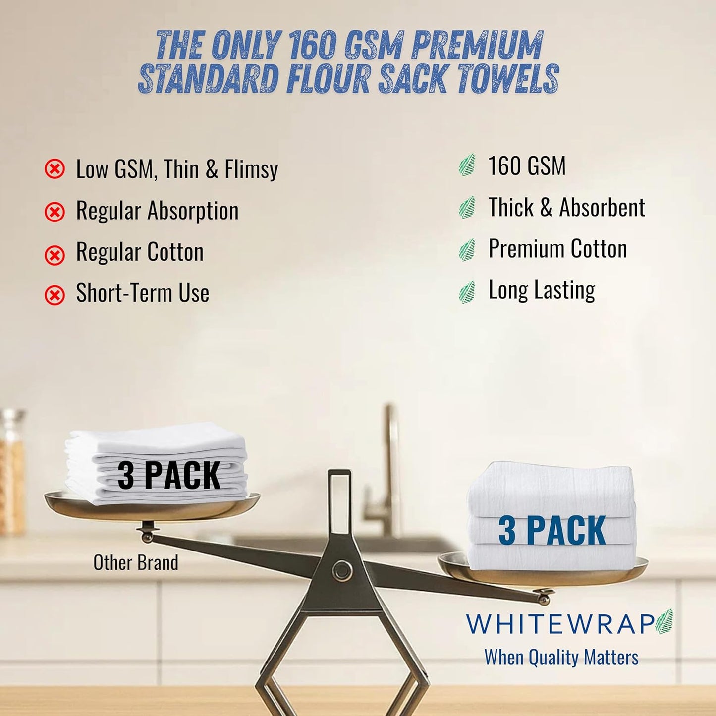 WHITEWRAP Flour Sack Towels 18x28 – 100% Cotton (Pack of 3), Reusable Kitchen Tea Towels for Baking, Crafts, Embroidery Ideas