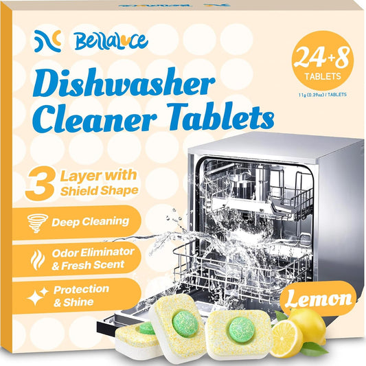 Dishwasher Cleaner Tablets - Dishwasher Cleaner And Deodorizer Tablets Lemon Scented, Heavy Duty Deep Clean Descaler Pods for Septic Safe, Prevents Buildup & Odor, Natural Limescale Remover (32 Pack)