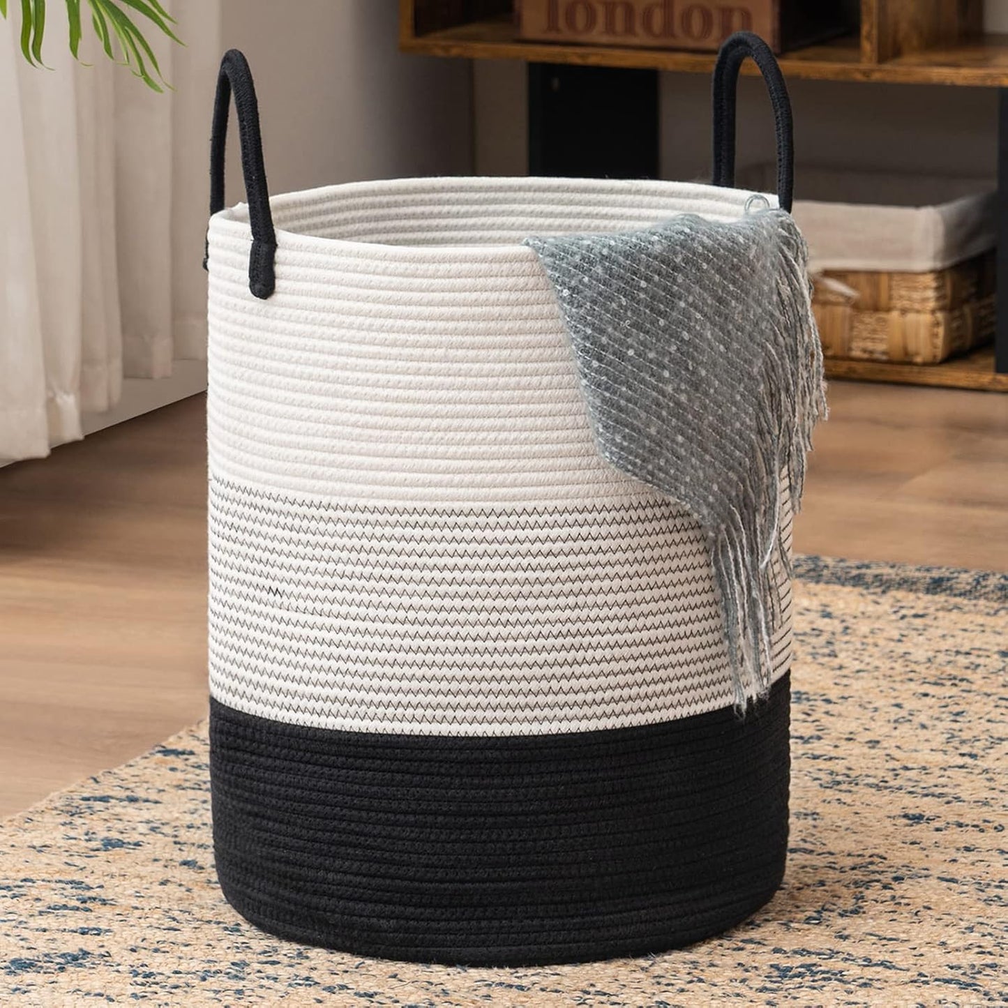 Woven Rope Laundry Hamper Basket by YOUDENOVA, Tall Luandry Basket, Baby Nursery Hamper for Blanket Storage, Clothes Hamper for Laundry in Bedroom-Large-(Dark White, 58L)