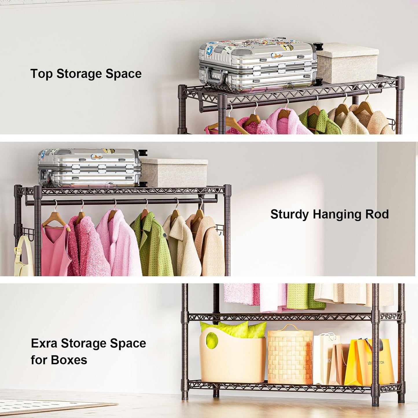 Heavy Duty Rolling Garment Rack 3 Tiers Adjustable Wire Shelving Clothes Rack with 1 Rods and Side Hooks,Storage Closet Clothing Rack Grey 15.7" D x 45.3" W x 72.4" H