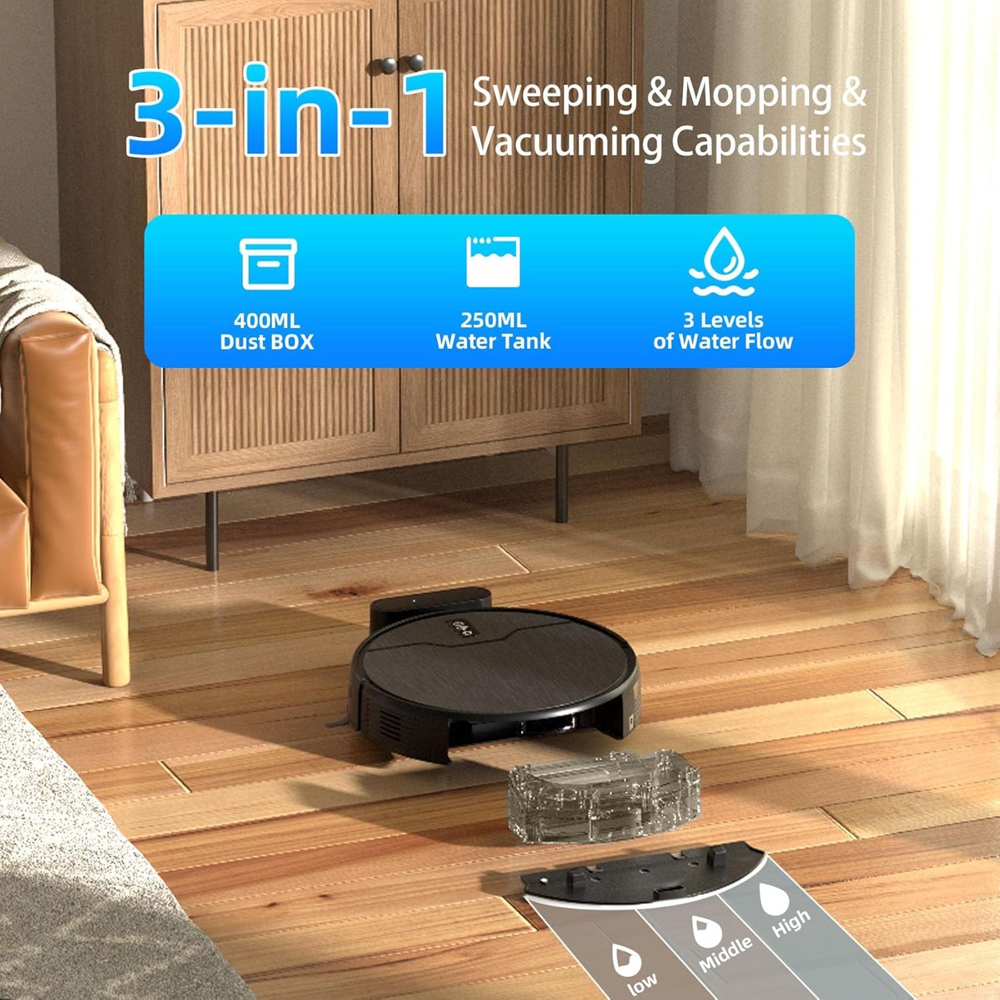Robot Vacuum and Mop Combo, Robot Vacuum Cleaner, 6 Cleaning Modes, Large Capacity Water Tank Dustbin, Self-Charging, WiFi/App/Alexa, Ideal for Hard Floor, Carpet, Pet Hair