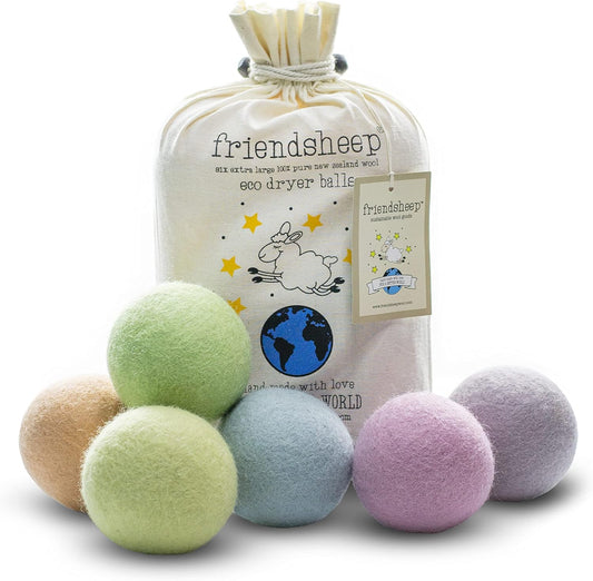 Friendsheep Wool Dryer Balls Organic Lavender 6 Pack XL Premium Reusable Cruelty Free Handmade Fair Trade No Lint Fabric Softener Pastel Rainbow Color - Spring Magic