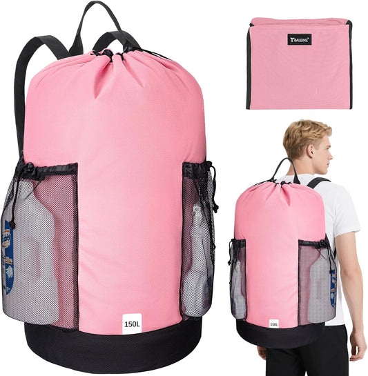 BALEINE 150L Laundry Bag Backpack, 900D Oxford Fabric Large Travel Laundry Bags with Shoulder Straps and 2 Mesh Pockets for College Dorm, Apartment, Laundromat (Pink, 150L)
