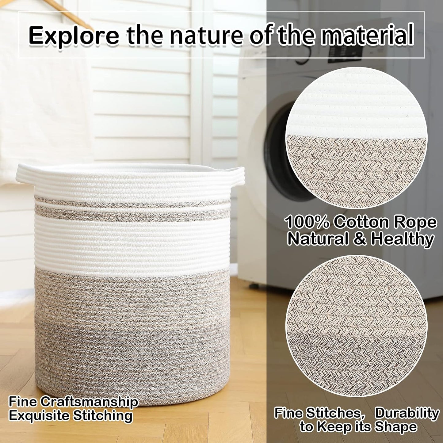 OIAHOMY 58L Laundry Baskets-Laundry Hamper, Storage Basket with Handles, Decorative Basket for Living room, Woven Storage Basket for Toys Bin, Pillows, Blankets, Clothes-18x16in-Gradient Brown