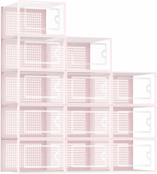 Kuject Shoe Organizers Storage Boxes for Closet, 12 Pack Clear Plastic Stackable Storage Bins with Lids, Under Bed Shoe Containers for Entryway, Drop Front, Fit up to Women's Size 10,Pink