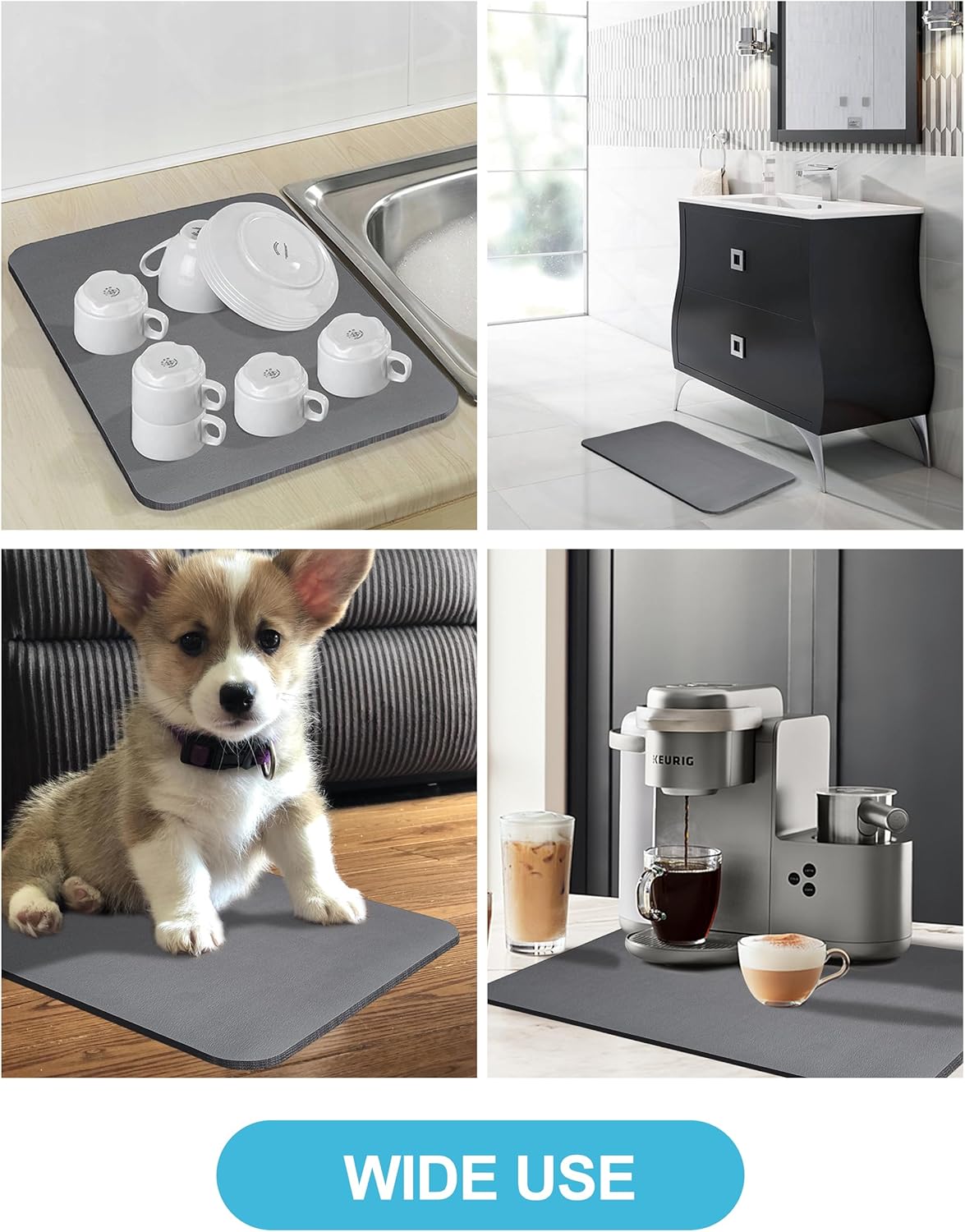 Dish Drying Mat for Kitchen Counter, 16"x24" Dish Drying Pad with Non-slip Rubber Backed, Hide Stain Anti Absorbent for Kitchen Counter, Drying Mat for Coffee Machine Dish Rack (Grey)