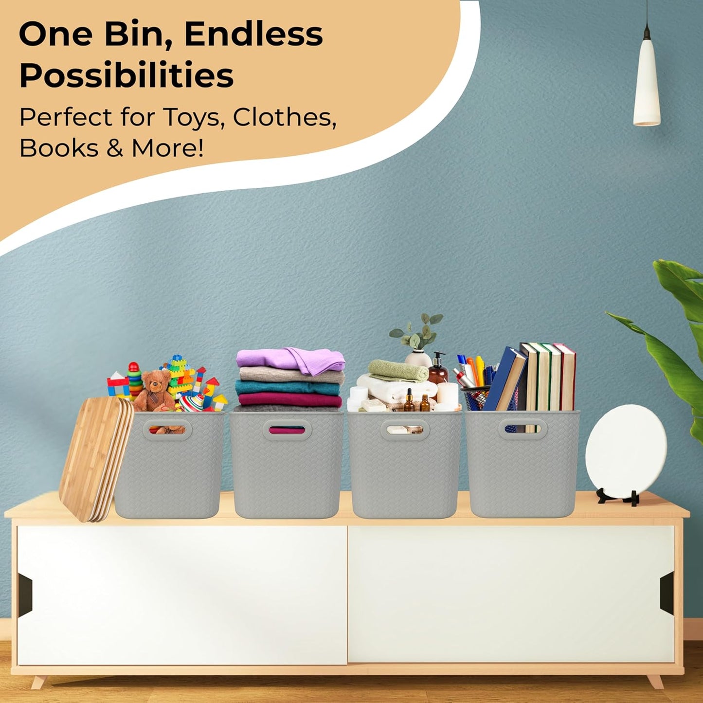 Storage Bins with Bamboo Lid – Stackable, Multi-Purpose Organizers for Pantry, Closet, Kitchen, and Home – Elegant Wicker-Style Design with Ergonomic Handles (Cream)