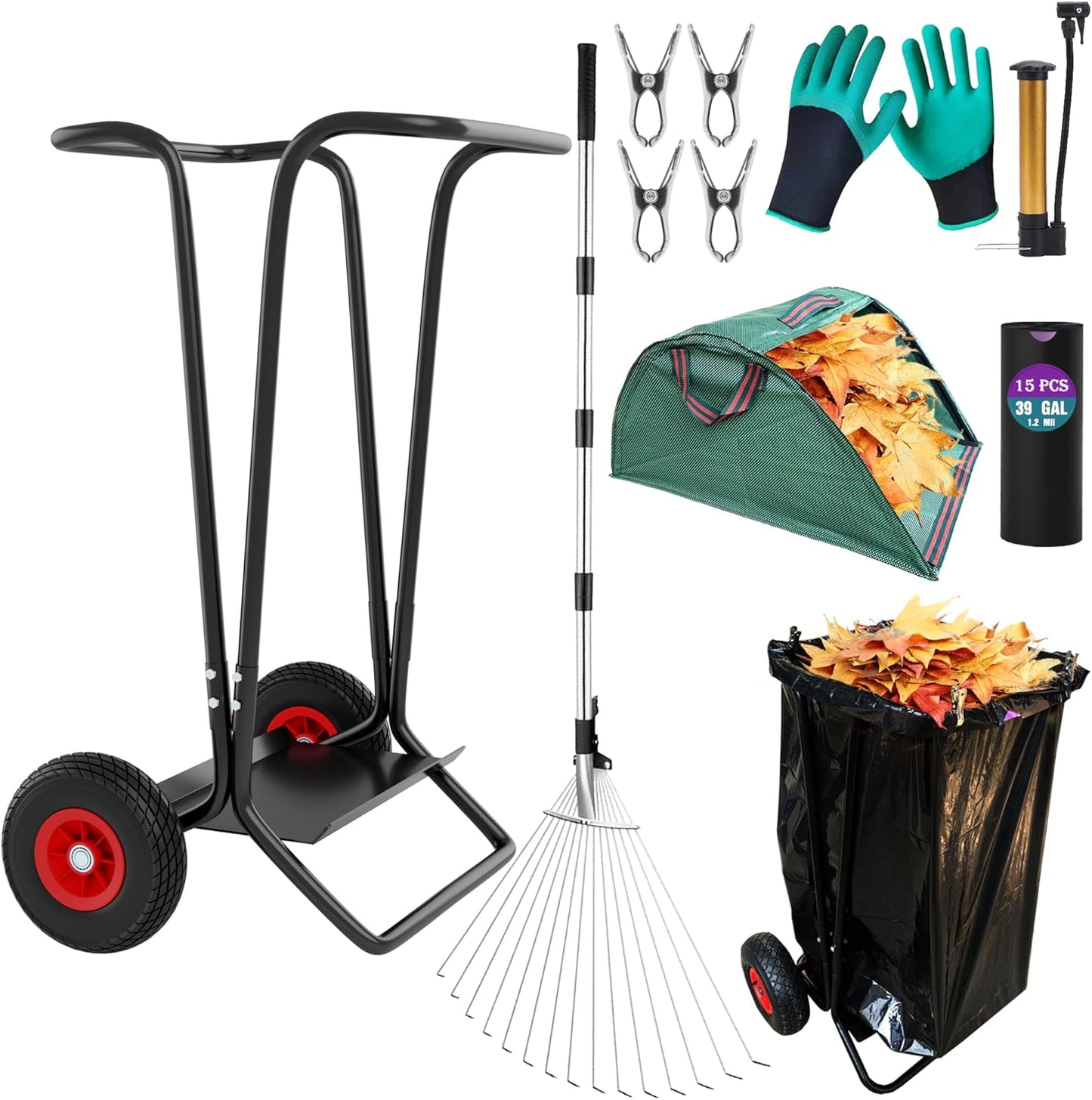 Mobile Trash Bag Holder Outdoor Lawn Leaf Bag Holder with Leaf Chute Metal Rake & 15 Count 39 Gallon Drawstring Trash Bags | Holds 35-65 Gallon Leaf Bags for Leaves Weeding Camping Party