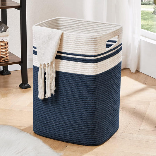 OIAHOMY Laundry Hamper-Laundry Basket,Tall Cotton Storage Basket with Handles,Decorative Blanket Baskets for Living room,Collapsible Large Baskets for Toys,Pillows,Clothes-16x13x22in-Blue