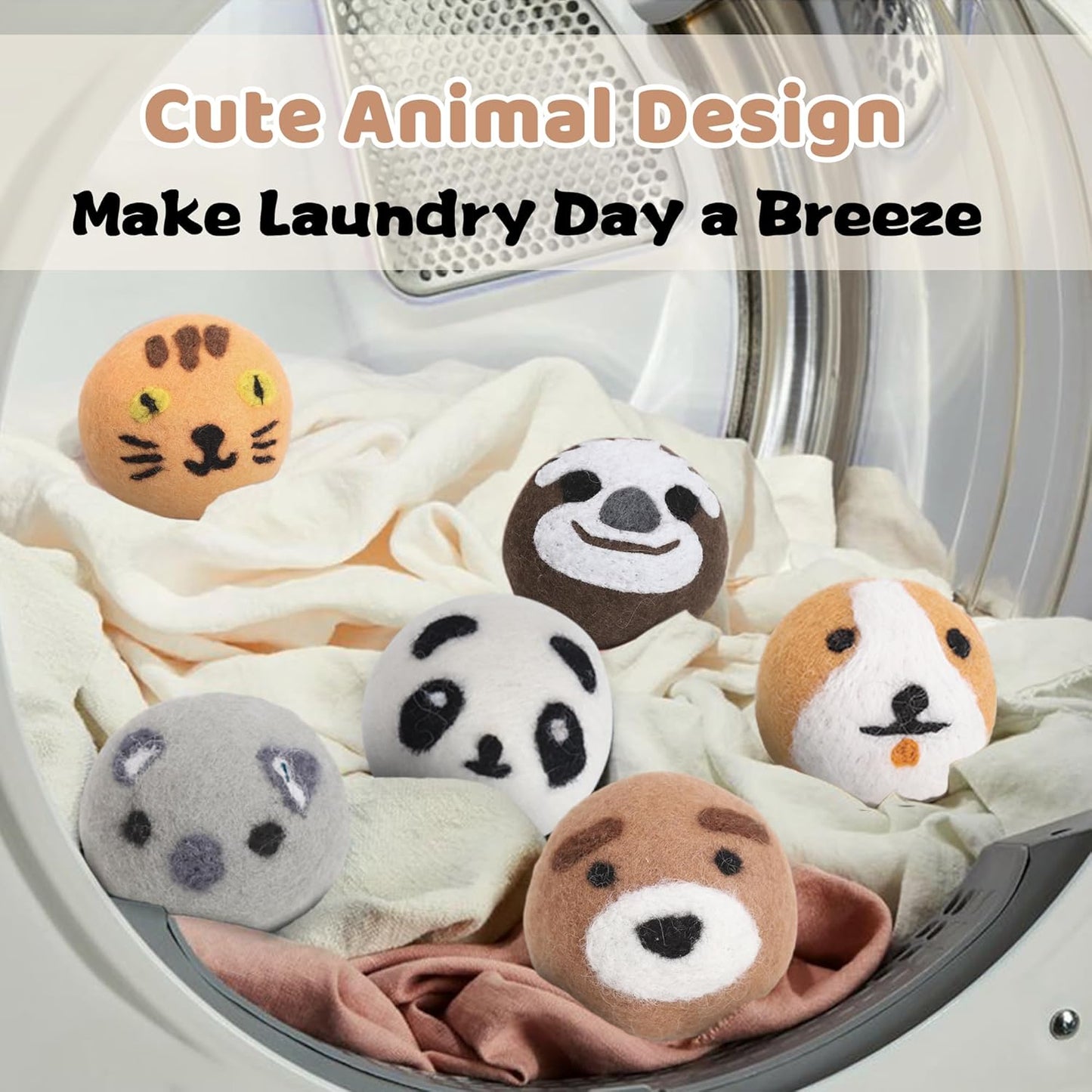 Wool Dryer Balls Laundry Reusable, Natural Eco-Friendly Fabric Softener Reduce Clothing Wrinkles, New Zealand Wool Laundry Balls for Dryer (Pack of 6, Animal)