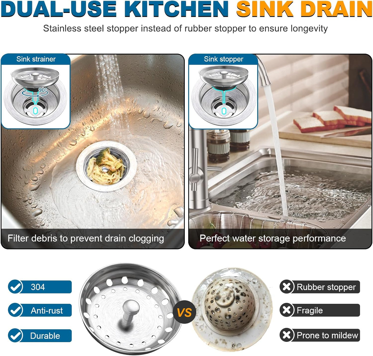 BOTEMY Stainless Steel Sink Drain Strainer Kit 3-1/2 inch Kitchen Drain Assembly with Metal Center Knob Basket Stopper Replacement for Standard Kitchen Sinks, Brushed