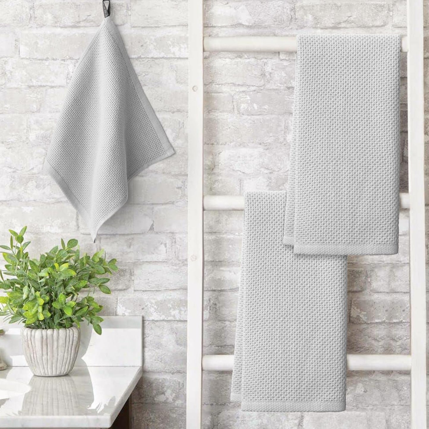 Artoid Mode 100% Cotton Light Grey Waffle Weave Kitchen Dish Cloths, 13x28 Inch Ultra Soft Absorbent Quick Drying Kitchen Dish Towels Set of 4