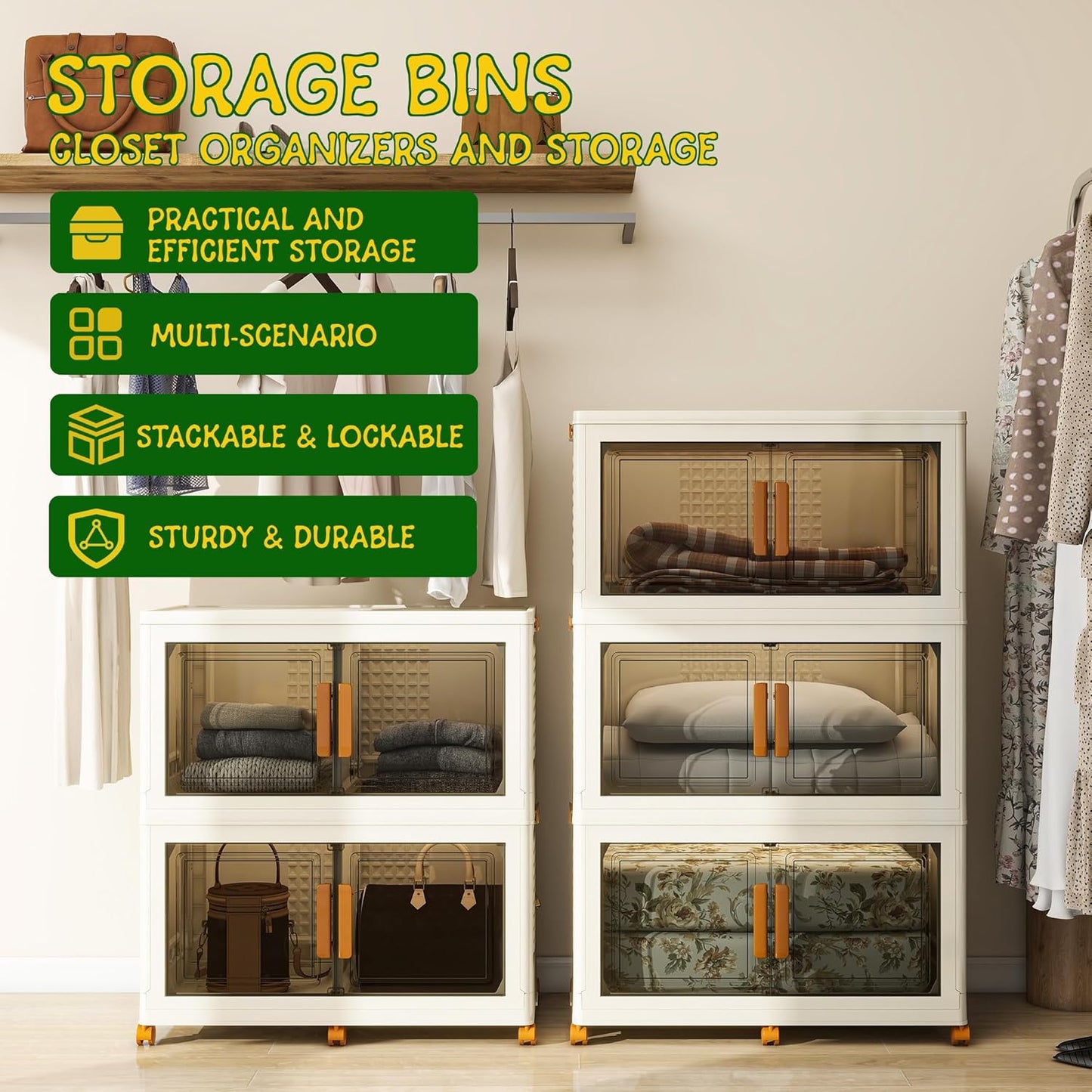 3 Tier Extra Large Stackable Storage Bins with 1 Lid 155 QT/Tier, Collapsible Plastic Box Storage Bin with Wheels, Home Containers Boxes Closet Organizers forLiving Room, Office, Dorm