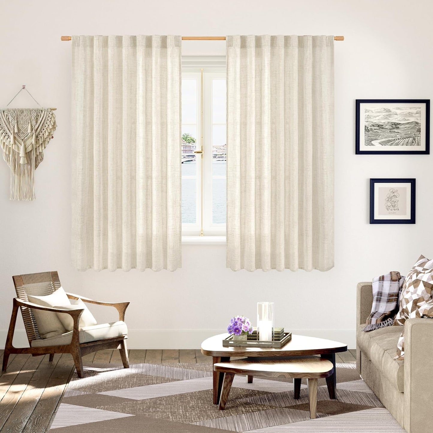 YoungsTex Linen Curtains 60 Inch Wide for Living Room, Semi Sheer Light Filtering Window Drapes 63 Inch Length with Rod Pocket Back Tab for Bedroom Dining Room, Linen, 2 Panels, 60 X 63 Inch