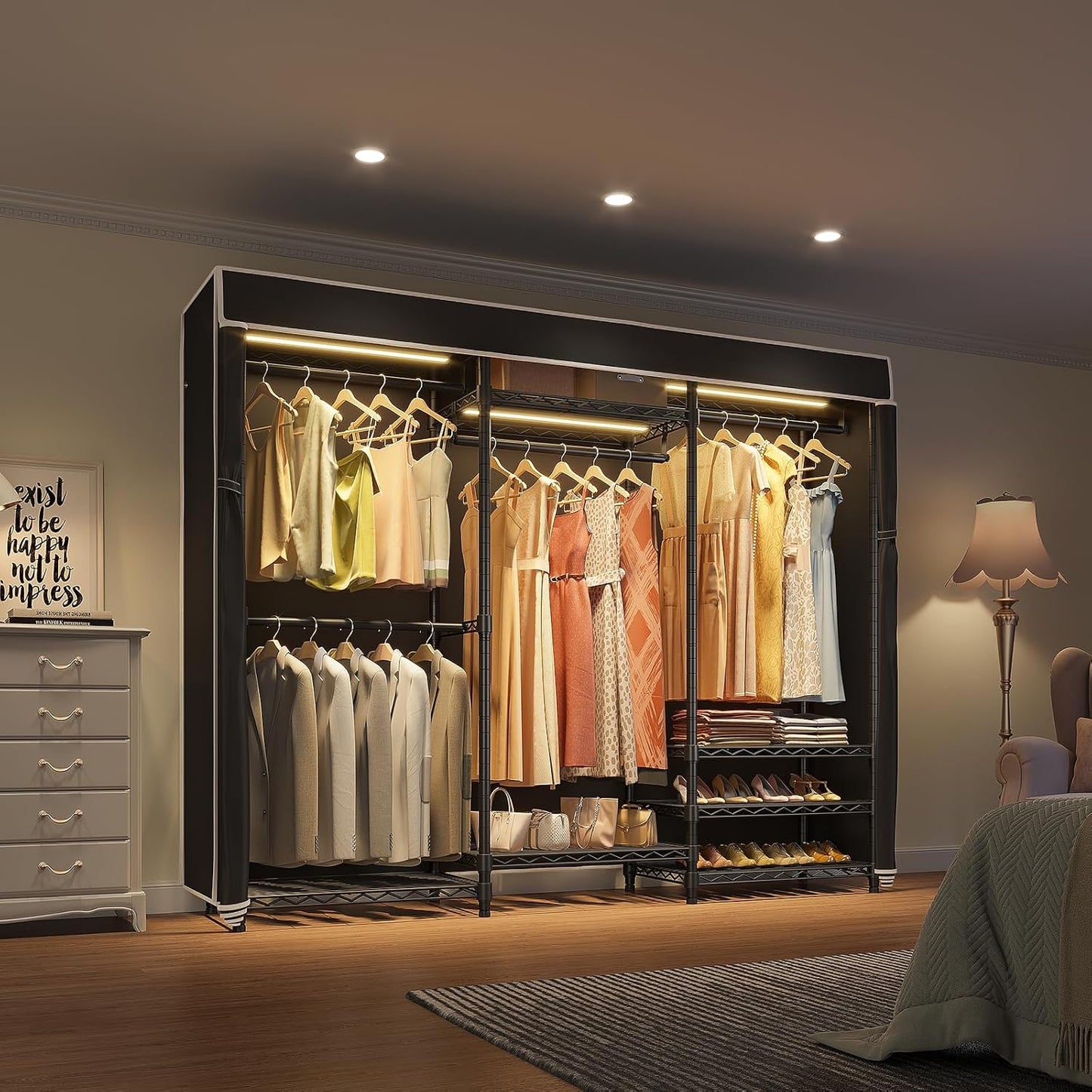 VIPEK V5LC Garment Rack Heavy Duty Covered Clothes Racks with Dimmable LED Light 3000K Warm White, Portable Closet Wardrobe Freestanding Clothing Racks for Hanging Clothes, Black Rack with Black Cover