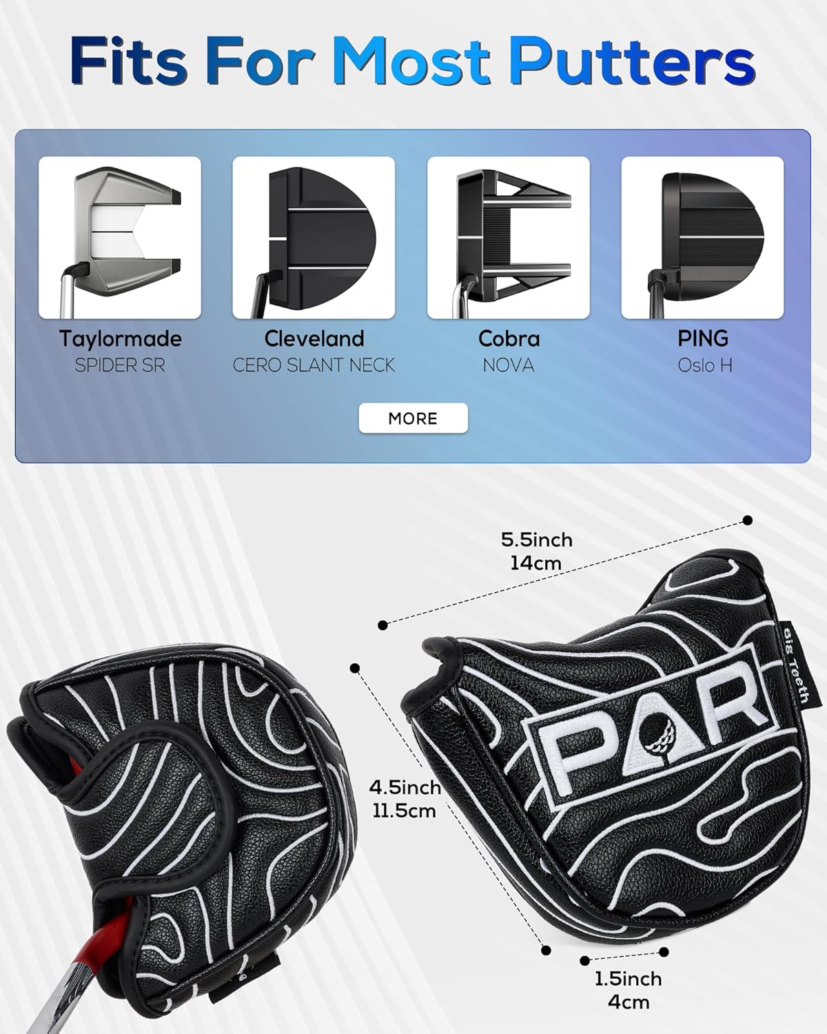 Big Teeth Golf Club Covers Full Set Driver Headcover Fairway Wood Hybrid Golf Club Iron Head Covers, Topographic Edition Putter Cover Leather Golf Head Covers Pure Black, Gifts for Men