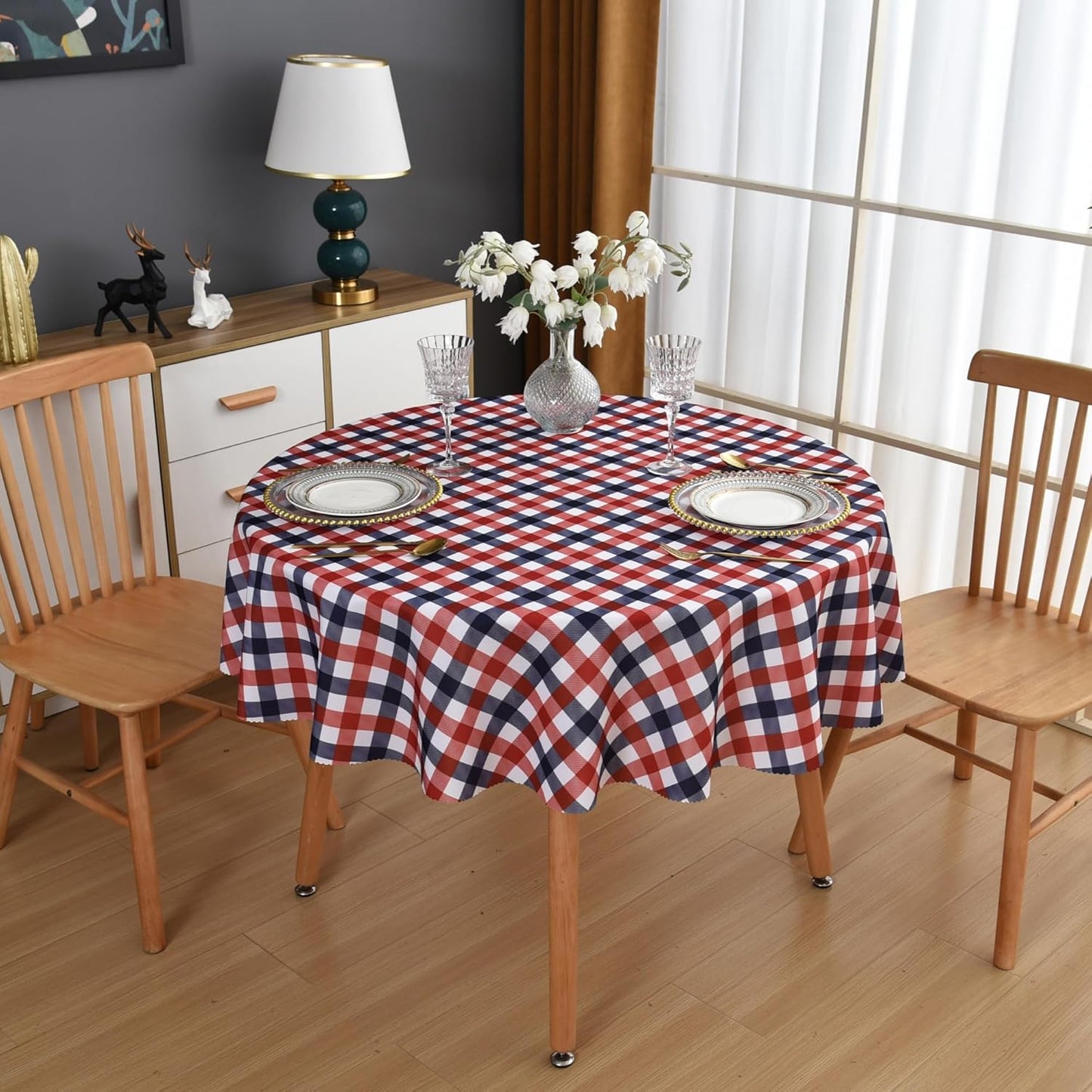Waterproof Plaid Tablecloth Fabric - Round 108 Inch Classic Gingham Checker Table Cloth for Indoor/Outdoor Use - Buffalo Table Cover for Picnics, BBQs, and Parties