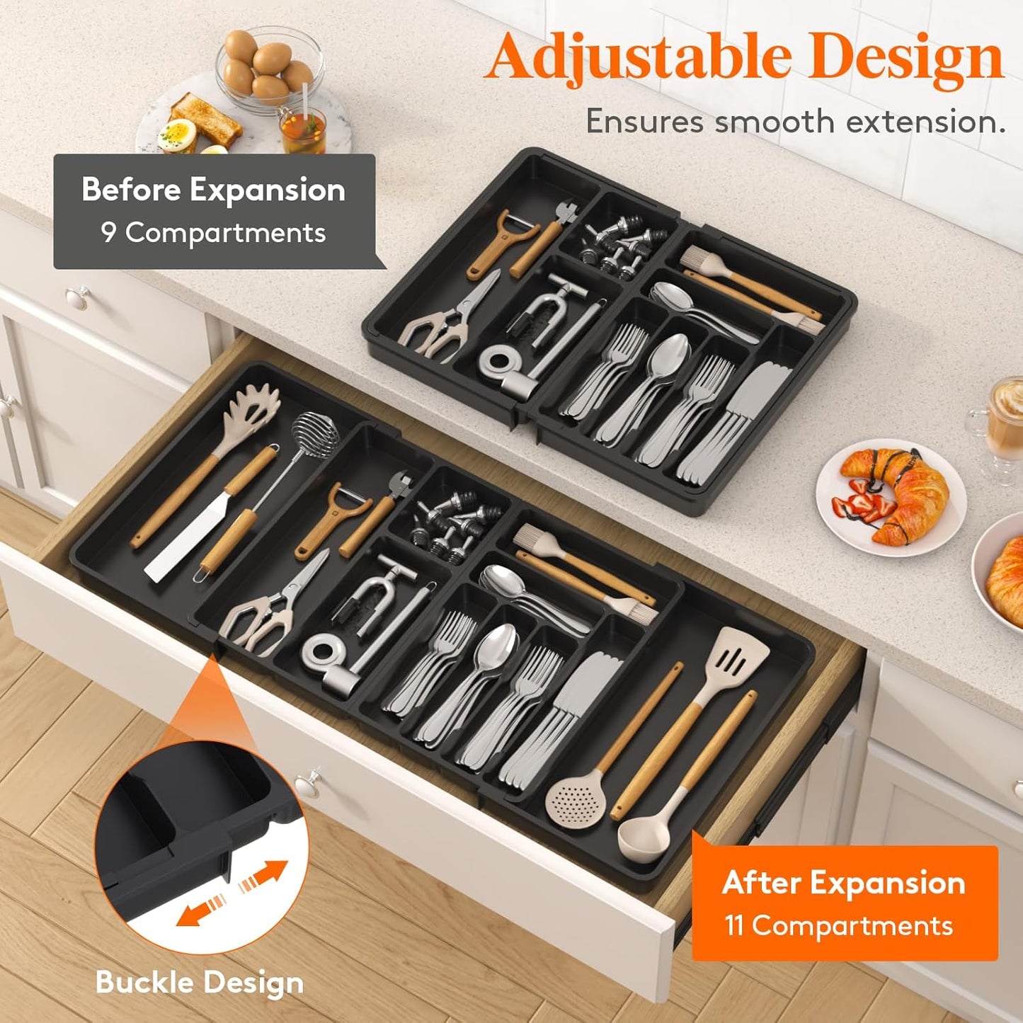 Lifewit Large Silverware Drawer Organizer, Plastic Cooking Utensil Tray for Kitchen, Expandable From 21 to 36 Inches, Adjustable Flatware Cutlery Spoon Fork Knife Spatula Gadgets Holder, Black