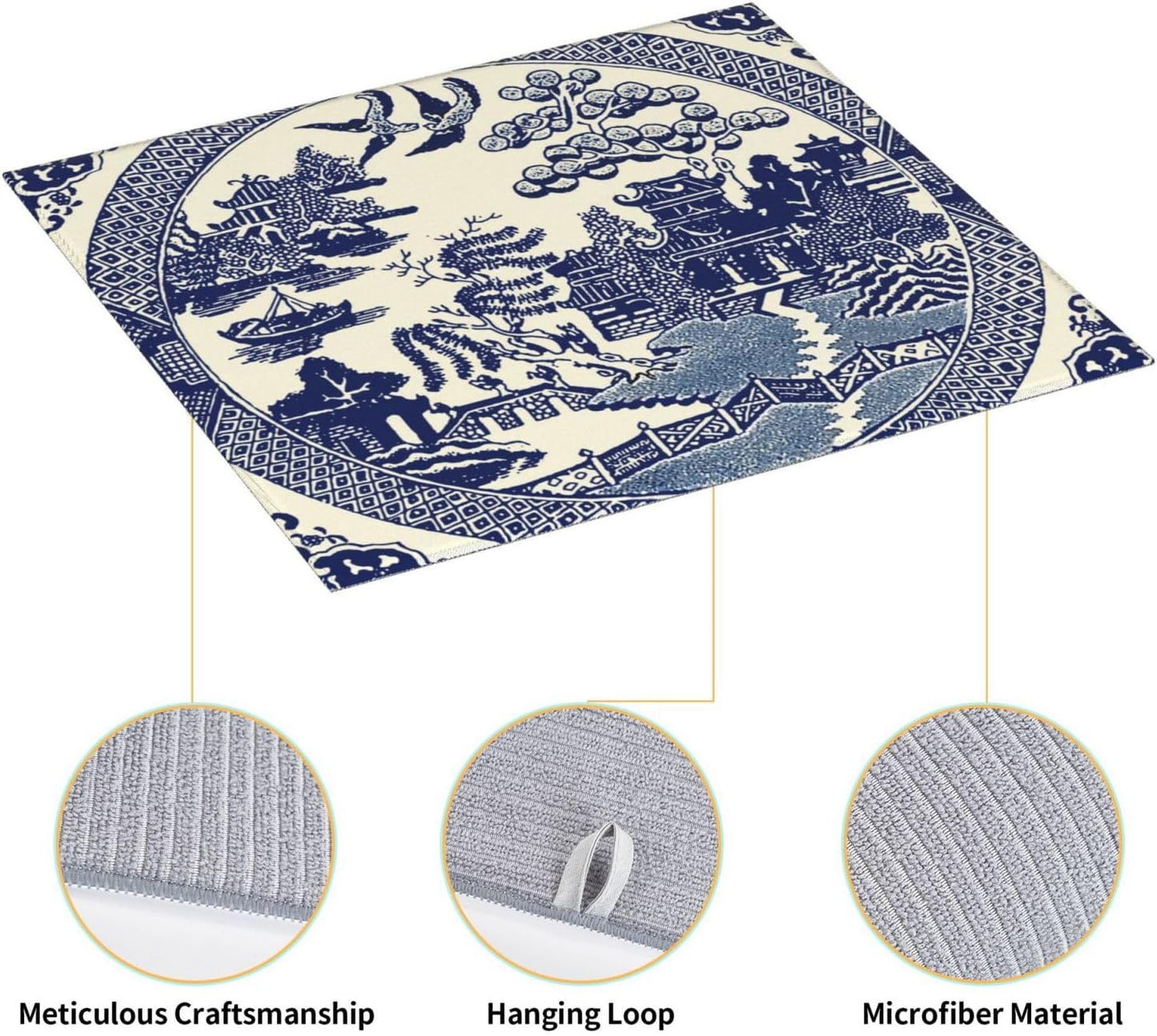 Dish Drying Mat For Kitchen Counter Absorbent Dish Mat Reversible Drainer Drying Kitchen Mat (Oriental Style Chinese Blue Willow, 16"x18")