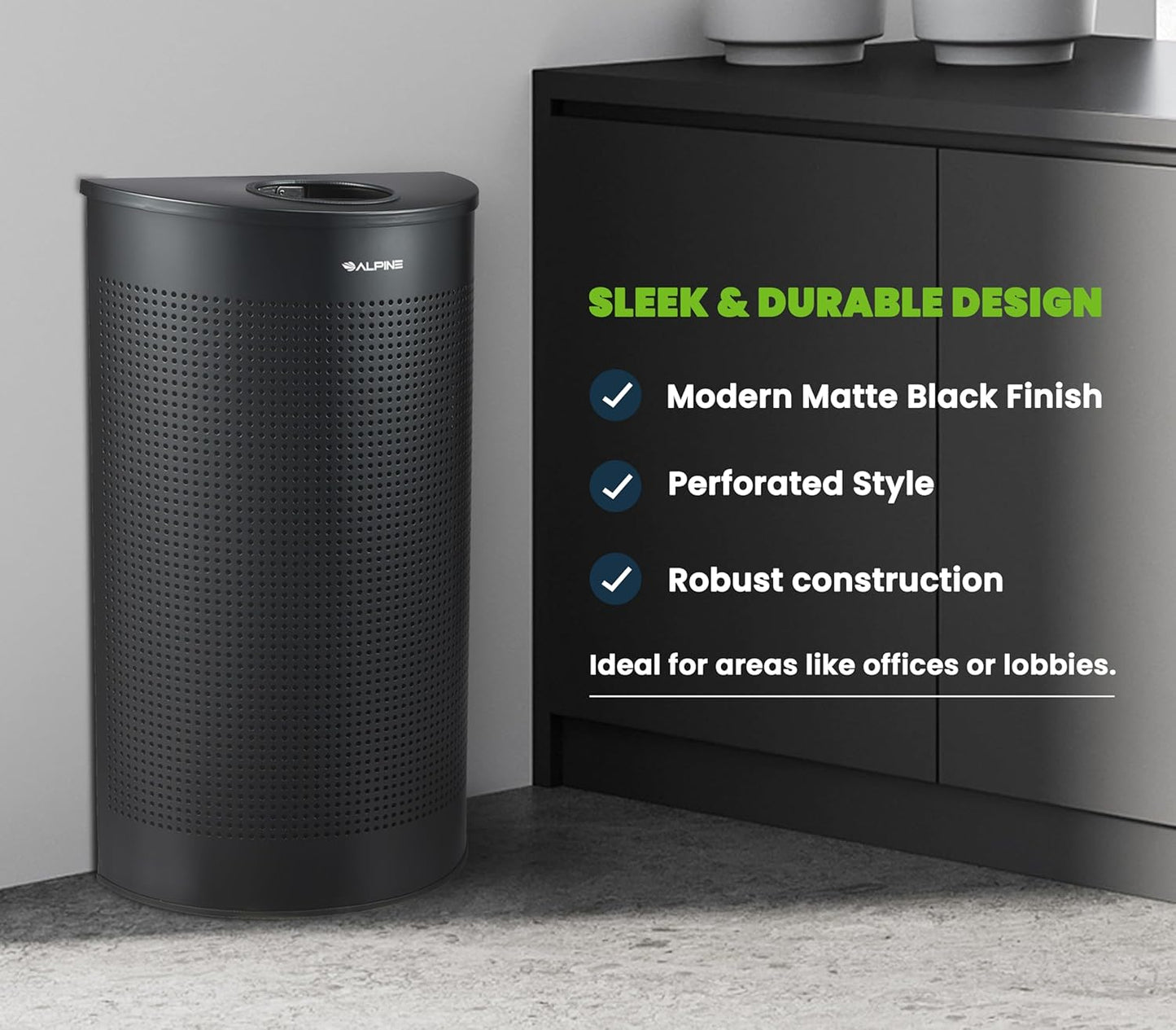 Alpine Half Round Trash Can Open Top - Modern Black Metal 12 Gallon, Space Saving Indoor Commercial Trash Can, Narrow Garbage Can for Bathroom, Office, Lobby and Business.