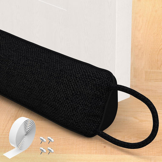 Door Draft Stopper for Bottom of Door, 36’’ Heavy Duty Under Door Draft Blocker Gap Filler, Door Seal for Noise Light Cold Air, with Adhesive Strips, Black