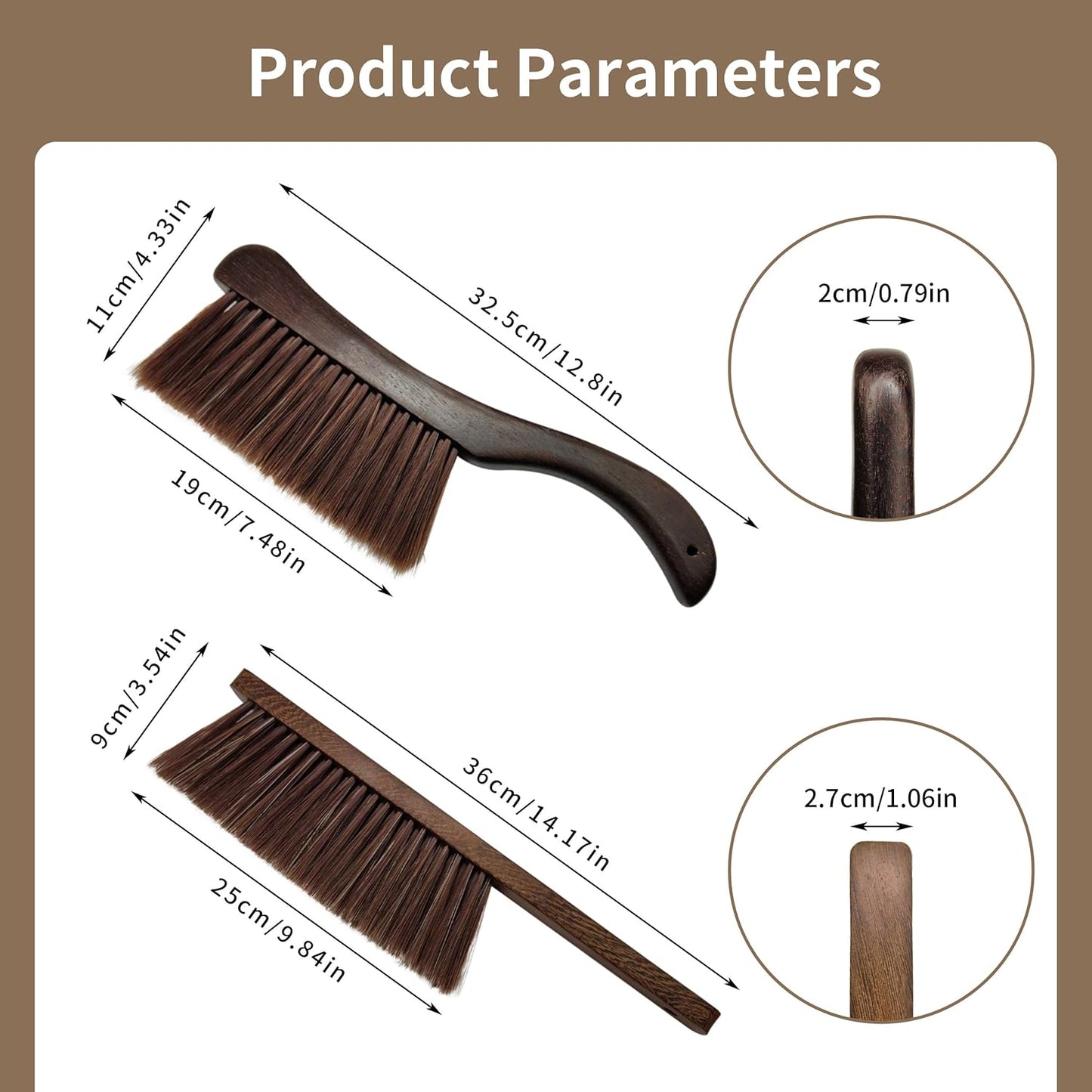 2 Pcs Wooden Hand Broom Brush, Dust Bench Brush Whisk Broom Soft Bristle Brush for Car Bed Furniture Clothes Couch Draft Sofa Fireplace Clothes Household Cleaning with Long Wood Handle(Brown)