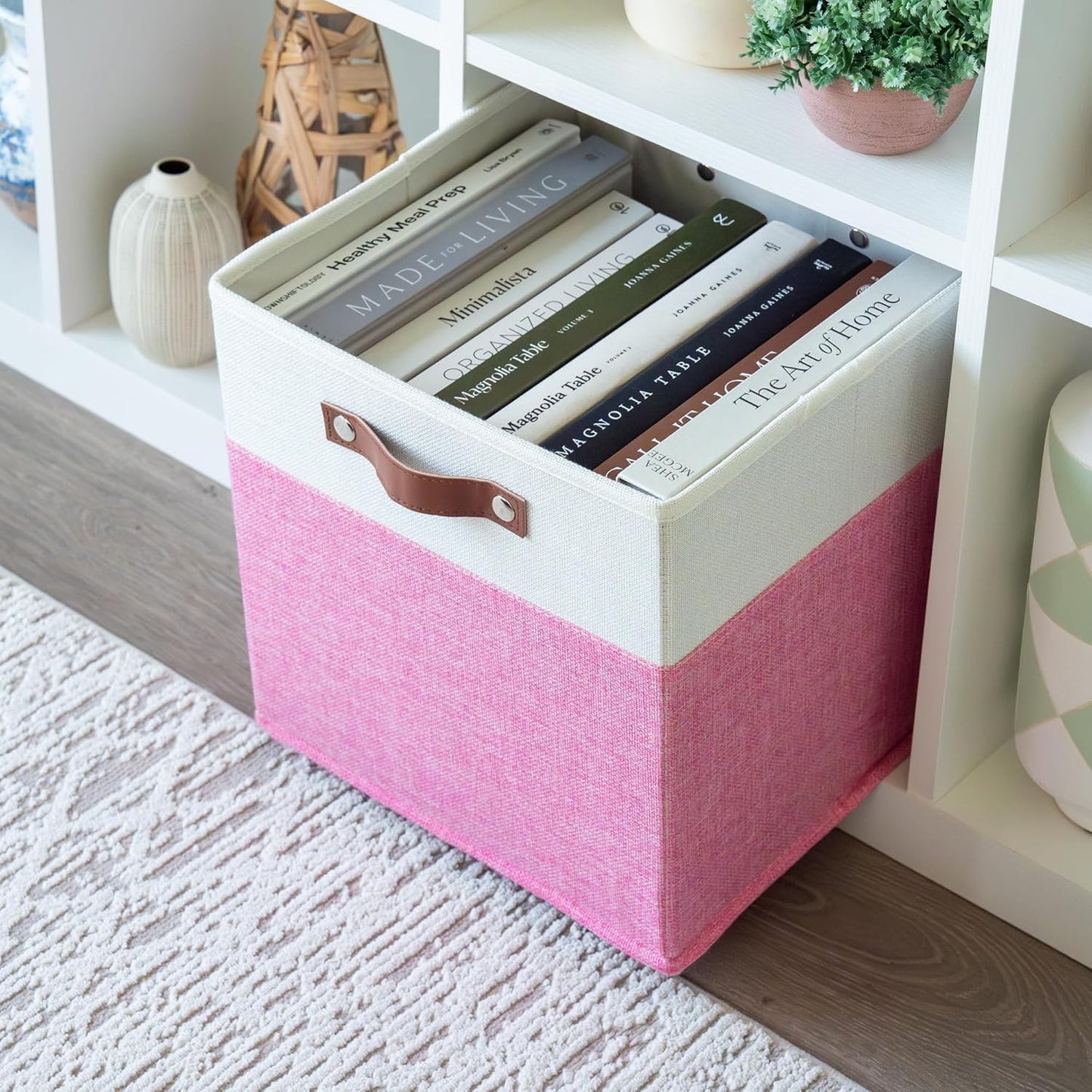 OrganiHaus 12x12 Fabric Storage Bins - Set of 4, Cube Fabric Organizer Bins with Vegan Handles, Kallax Storage Cubes, Cubbies Organizer Boxes, 12Inch Cubic Baskets for Shelves - Pink/White