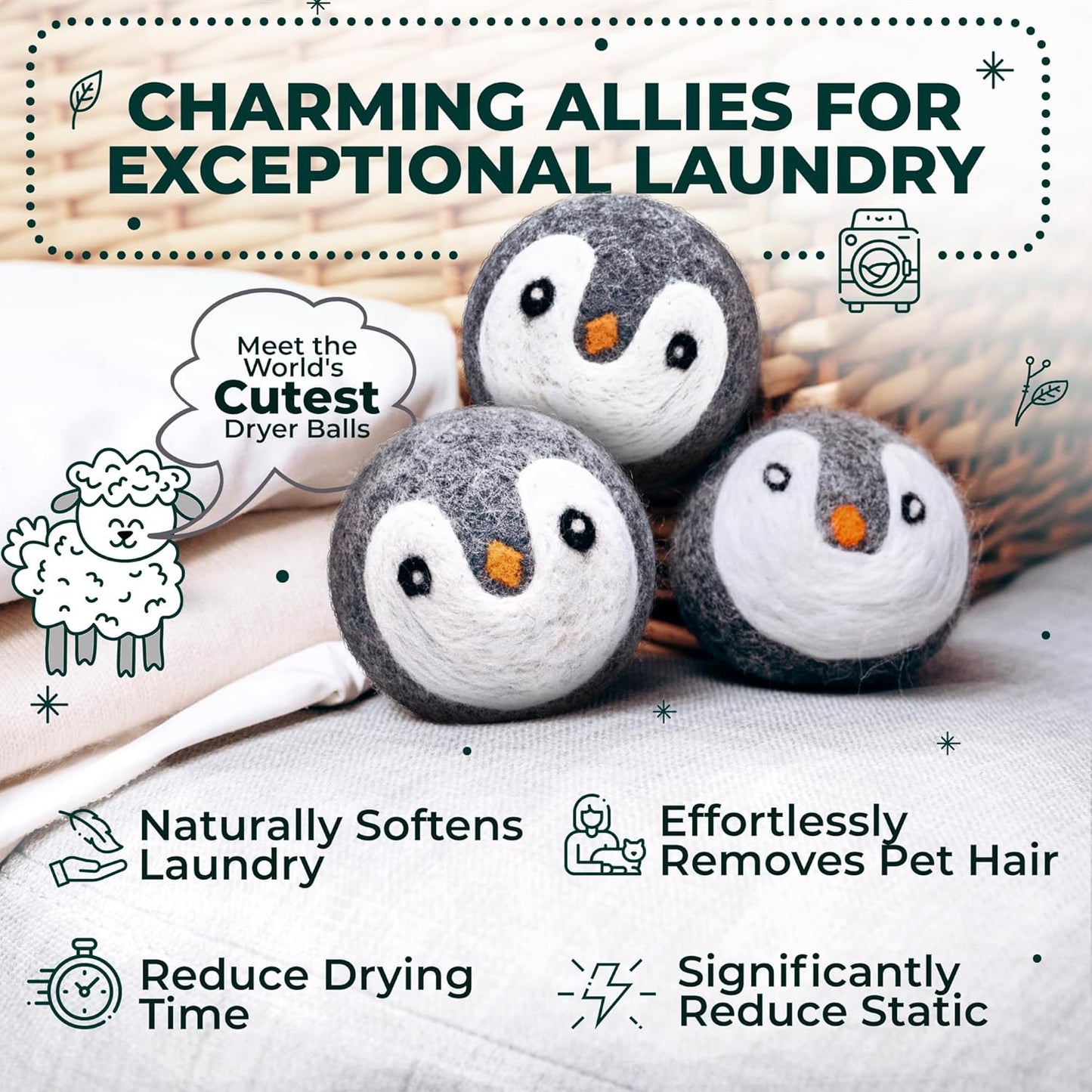 No More Dryer Sheets! Reusable Wool Dryer Balls XL 6-Pack - Reduces Static, Cuts Dry Time, & Softens Naturally