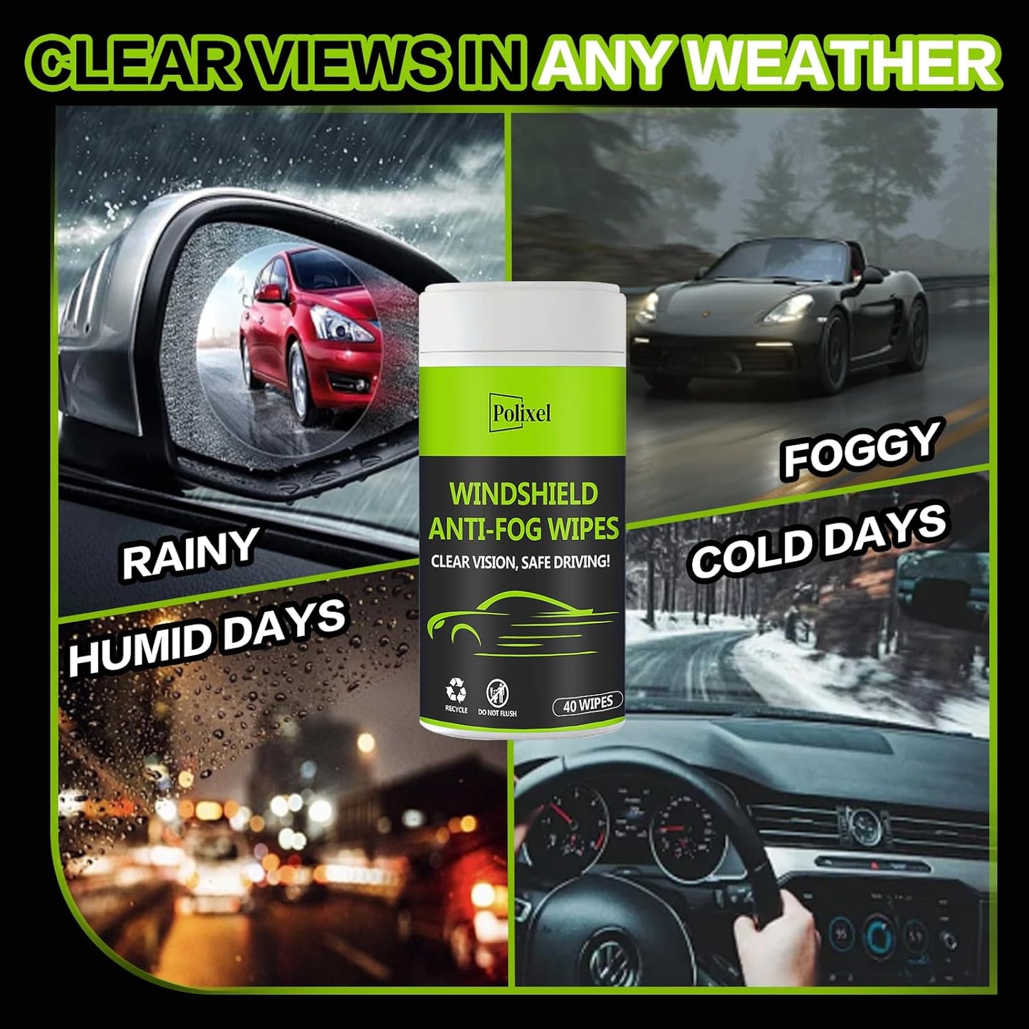 Glass Anti-Fog Wipes - Quick Windshiled Fogging Remover Resealable Bottle Pack Defogger for Windows, Helmets, Mirrors, Goggles -40 Wipes