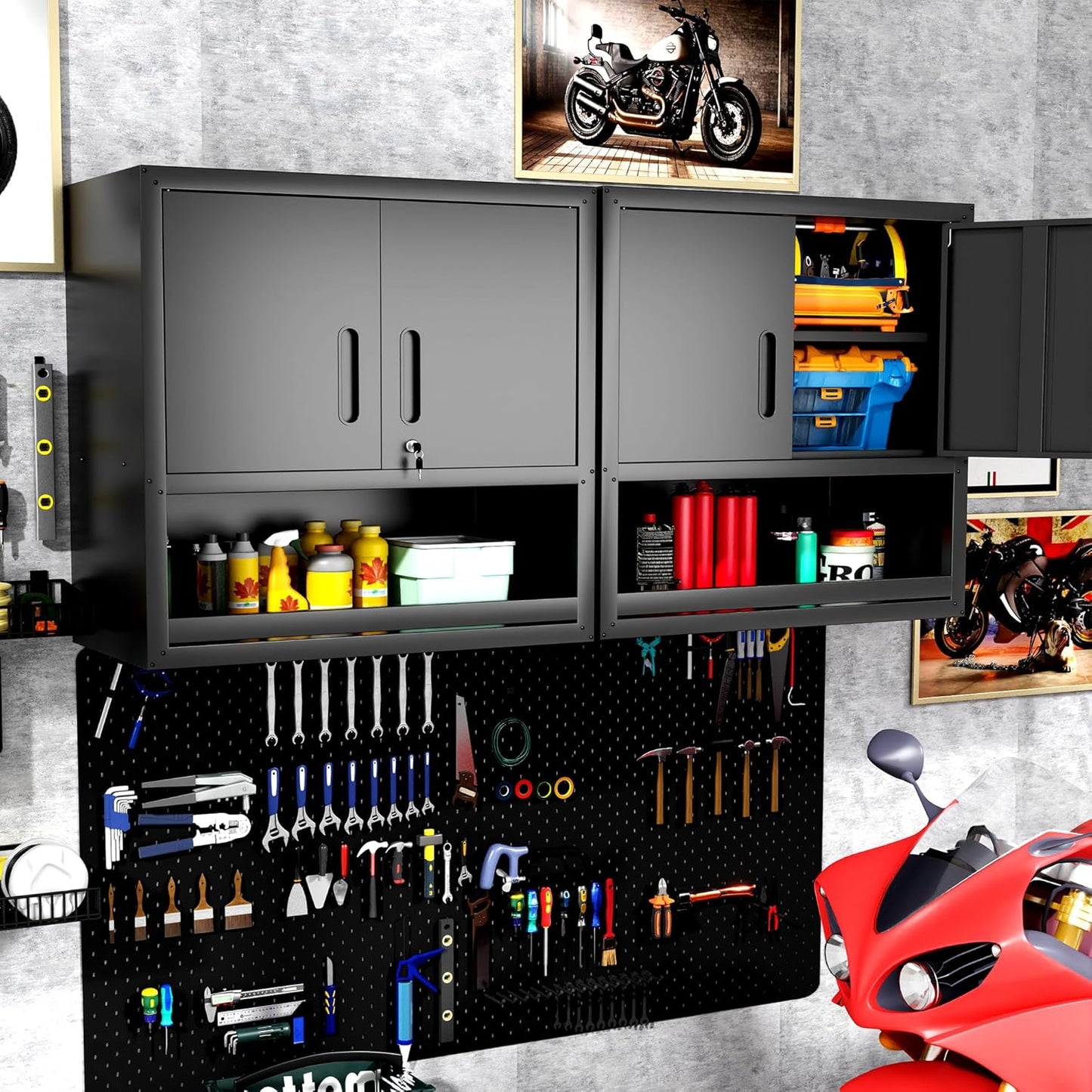 Garage Wall Cabinet with Doors and Shelves, Wall Mounted Metal Storage Cabinet with Open Storage, Lockable Hanging Tool Cabinet for Garage Utility Room, Black