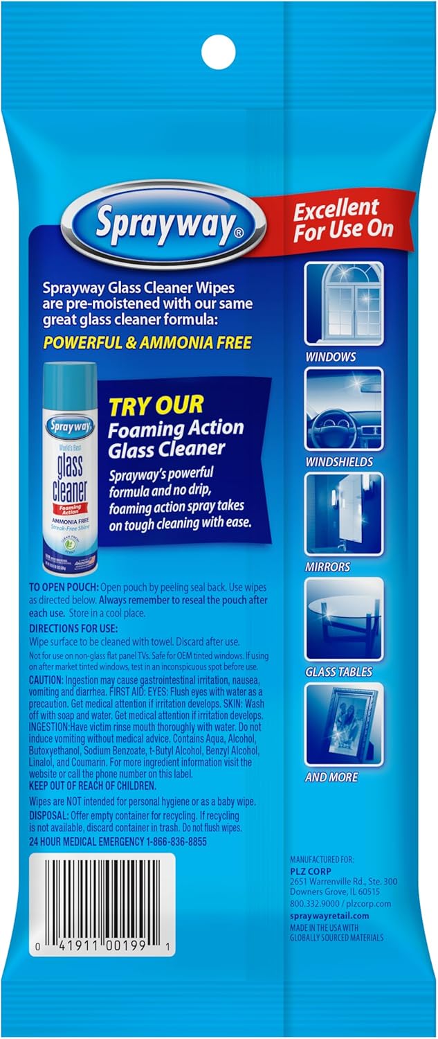 Sprayway Glass Cleaner Wipes, 20ct, Pack of 12, On-the-Go Resealable Package, Pre-Moistened, Original Ammonia-Free Formula, Removes Fingerprints, Dust, Dirt, All Glass Surfaces, 2 trays per cartons