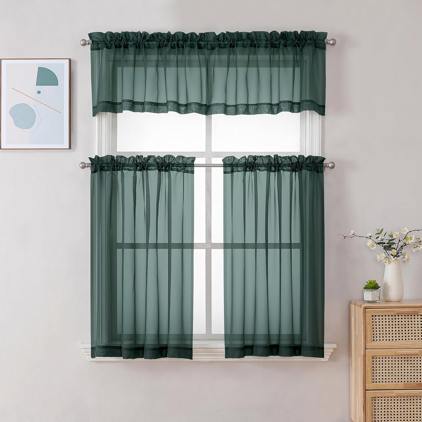 Chyhomenyc Sheer Hunter Green Kitchen Tier Curtains 24 Inch Length Set, Small Window Curtains Treatment for Bathroom/Living Room/Cafe/Basement, Short Voile Curtain Tiers 42in x 24in, Rod Pocket, 2 PCS