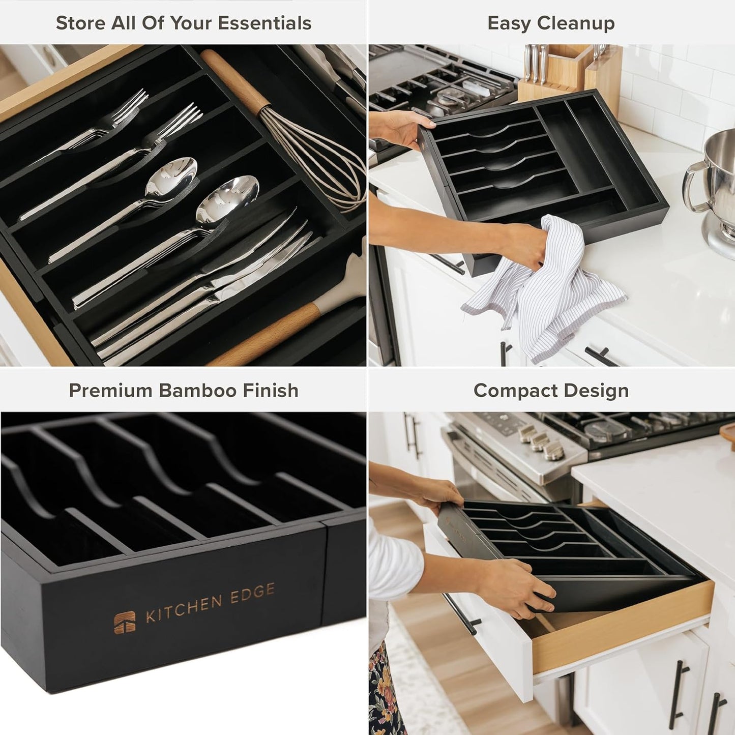 KitchenEdge Premium Silverware, Flatware and Utensil Organizer for Kitchen Drawers, Food-Safe Contract Grade, Expandable from 14.5 to 25 In, Black Bamboo