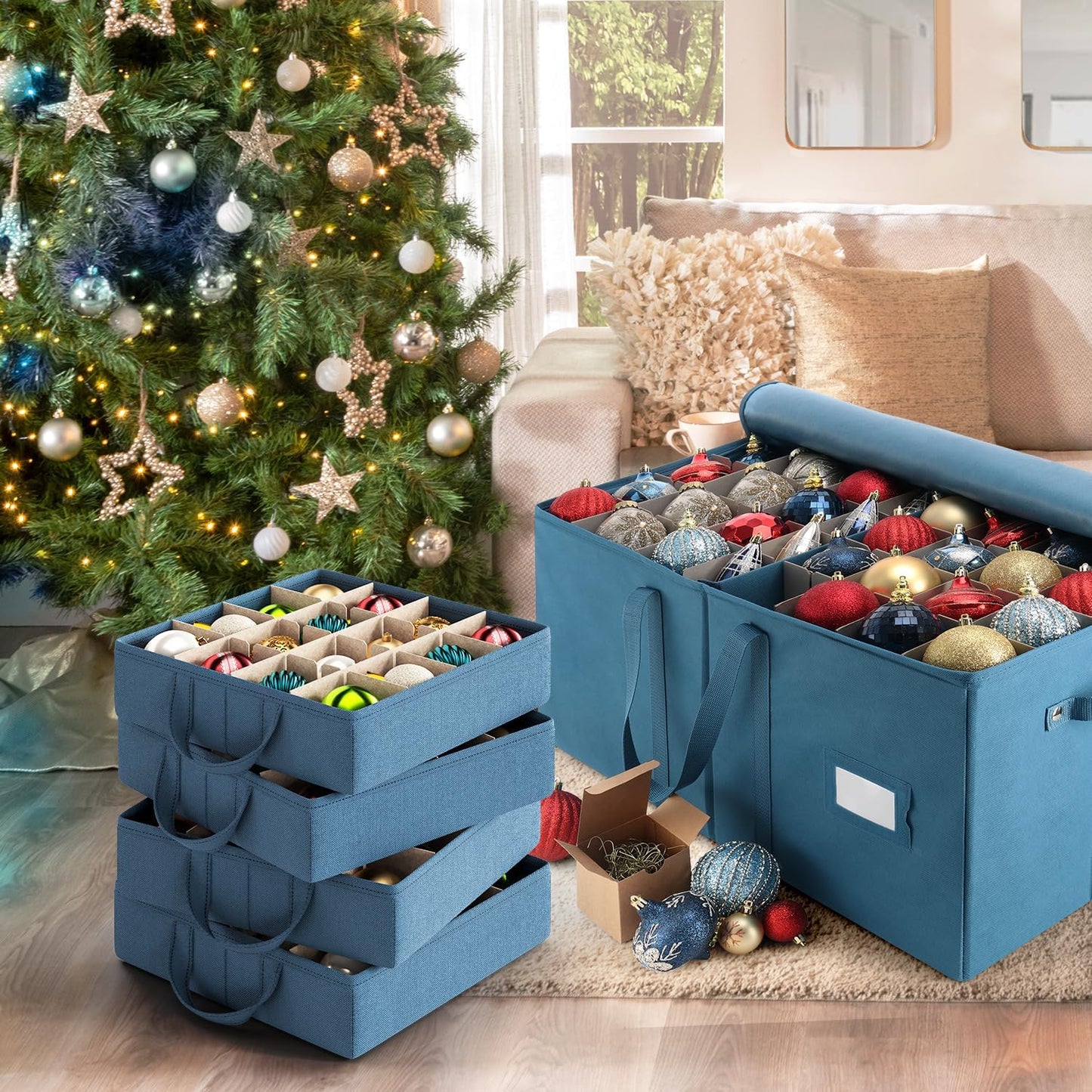 Hearth & Harbor Large Christmas Ornament Storage Box With Adjustable Dividers - Ornament Storage Container For 128 Holiday Ornaments or Decorations