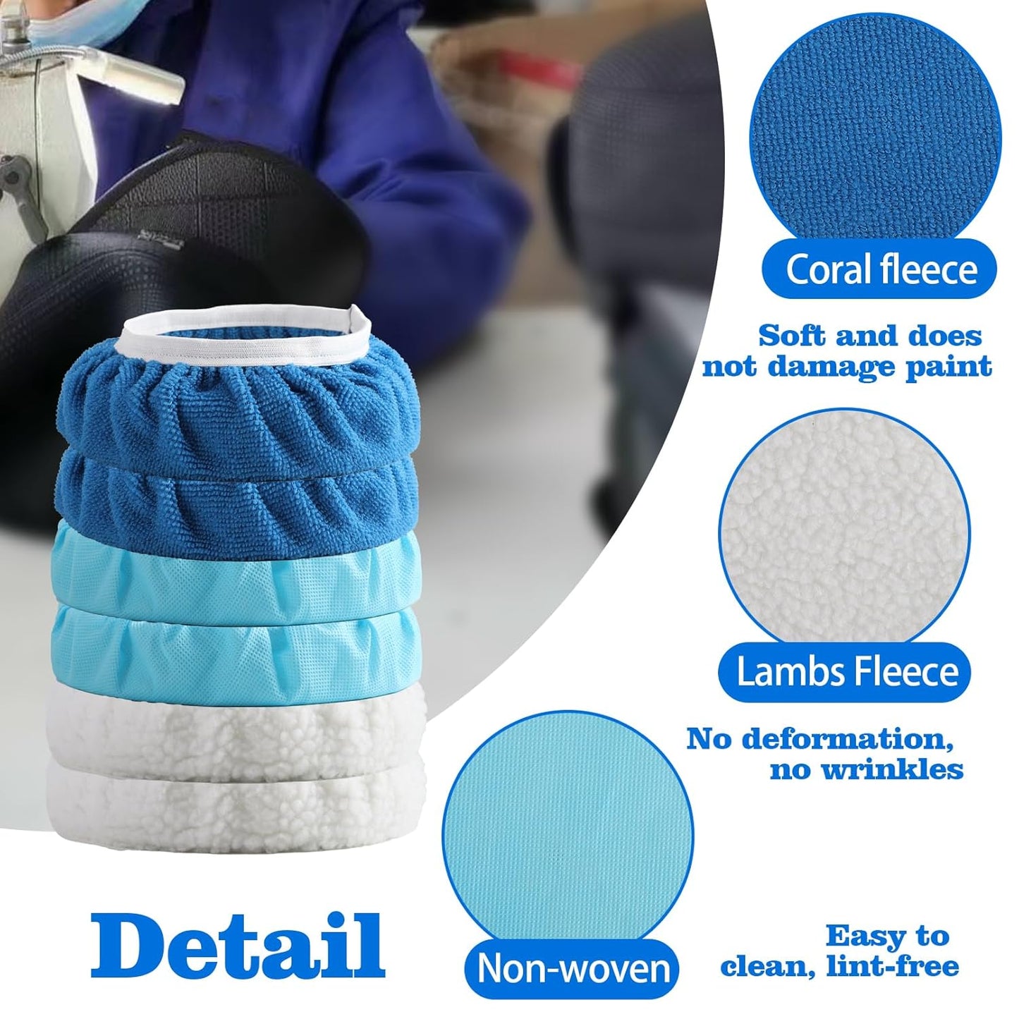 40 Piece Car Polisher Pad Set, Mix Pack of 24 Microfiber, 8 Non Woven, 8 Woolen Bonnets, 8-9 Inch, Dark Blue, Light Blue, White, Suitable for Metals, Woods, Other Hard Surfaces