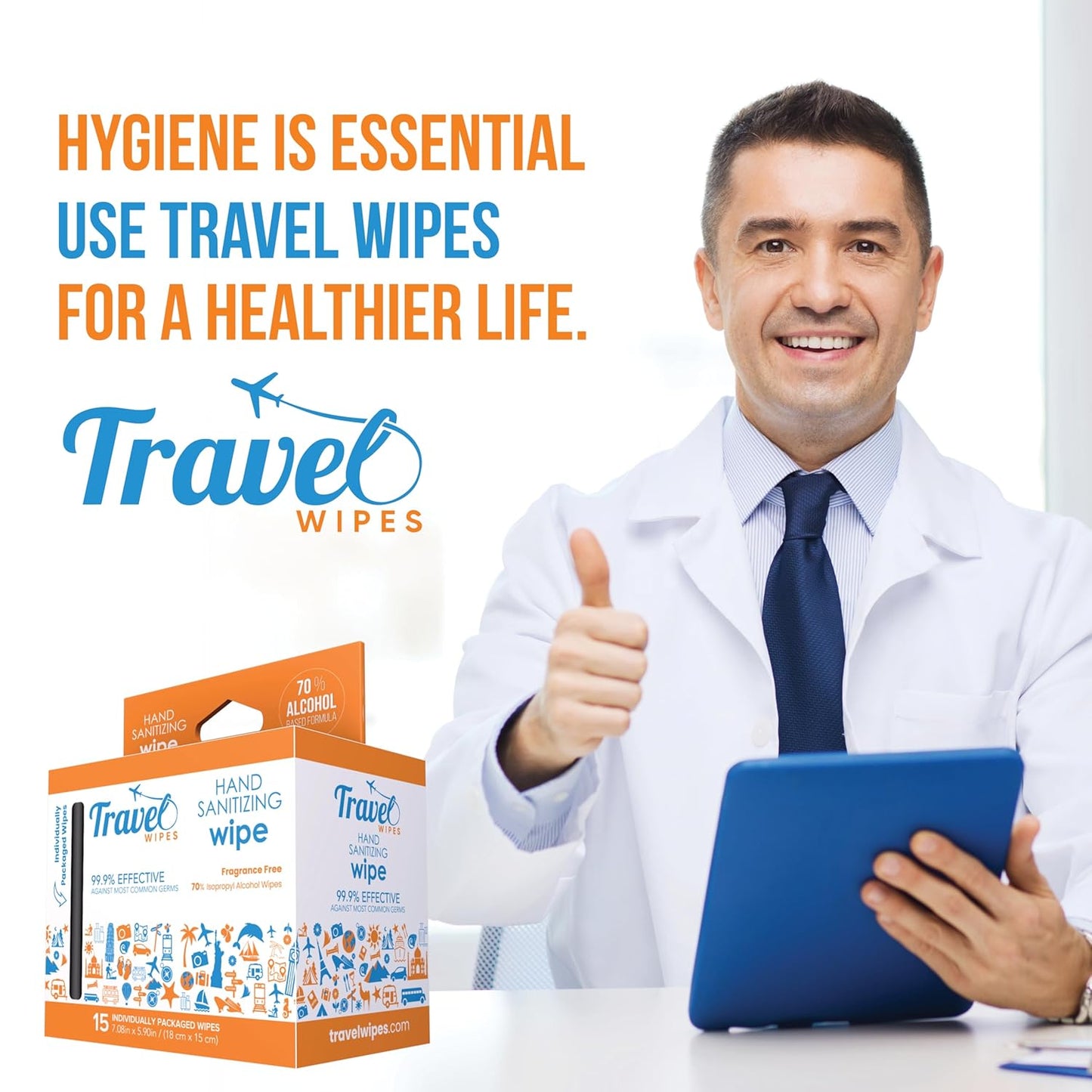 Hand Sanitizing Travel Wipes – 15ct Individually Wrapped | Fragrance-Free, Moisturizing, 70% Isopropyl Alcohol Wipes | Travel, Home, Office, Daily Use | Made in USA
