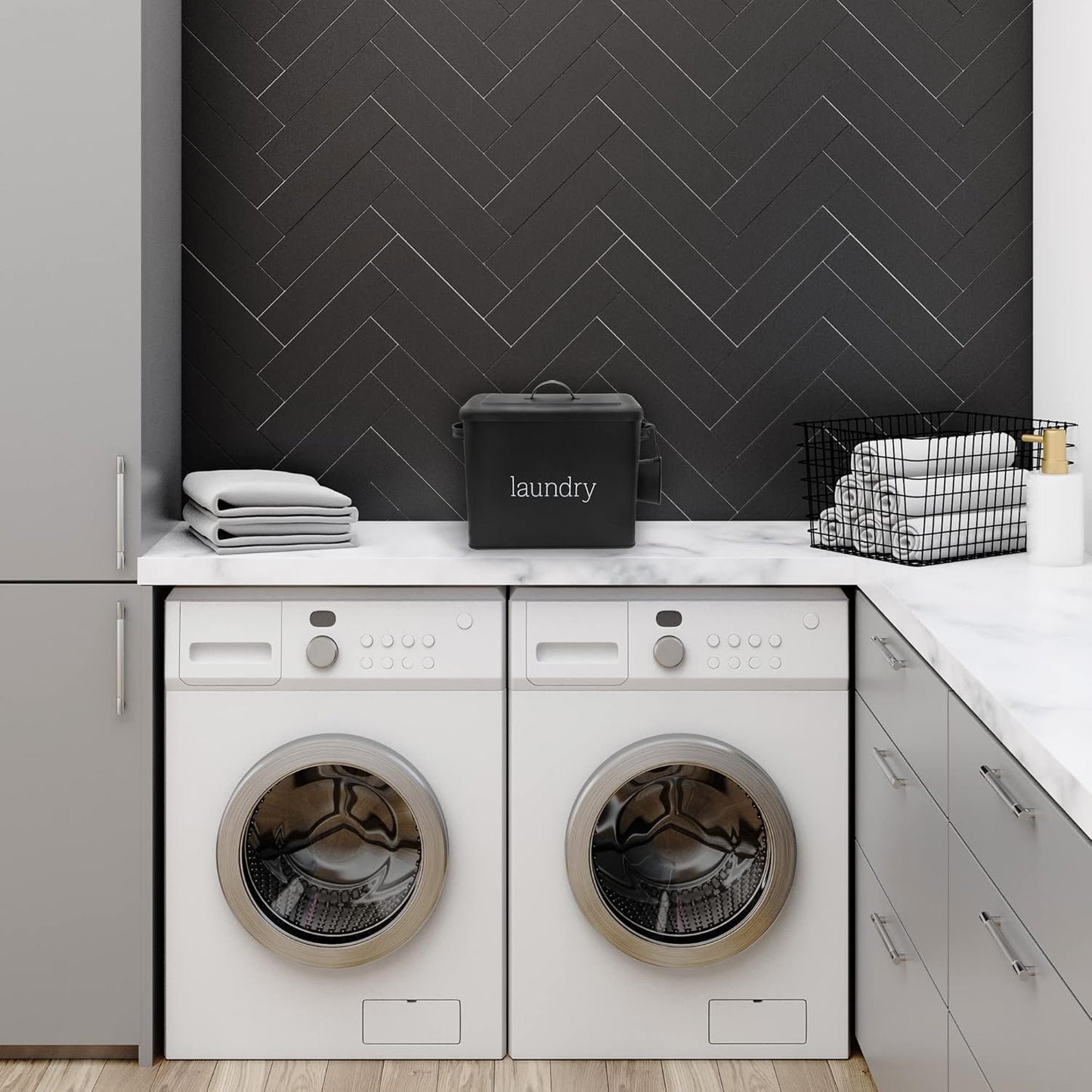 AuldHome Design Enamelware Laundry Powder Container (Black), Enamelware Detergent Bin w/ Scoop