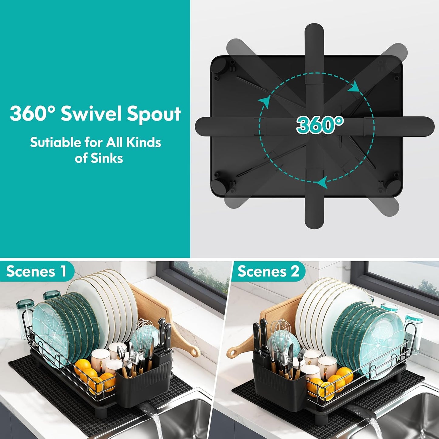 JASIWAY Black Stainless Steel Dish Drainers Drying Rack for Kitchen Counter with Drainboard Set, Rust Proof Metal, Space Saving, Modern Aesthetic, Compact Plates Strainers with Extra Mat