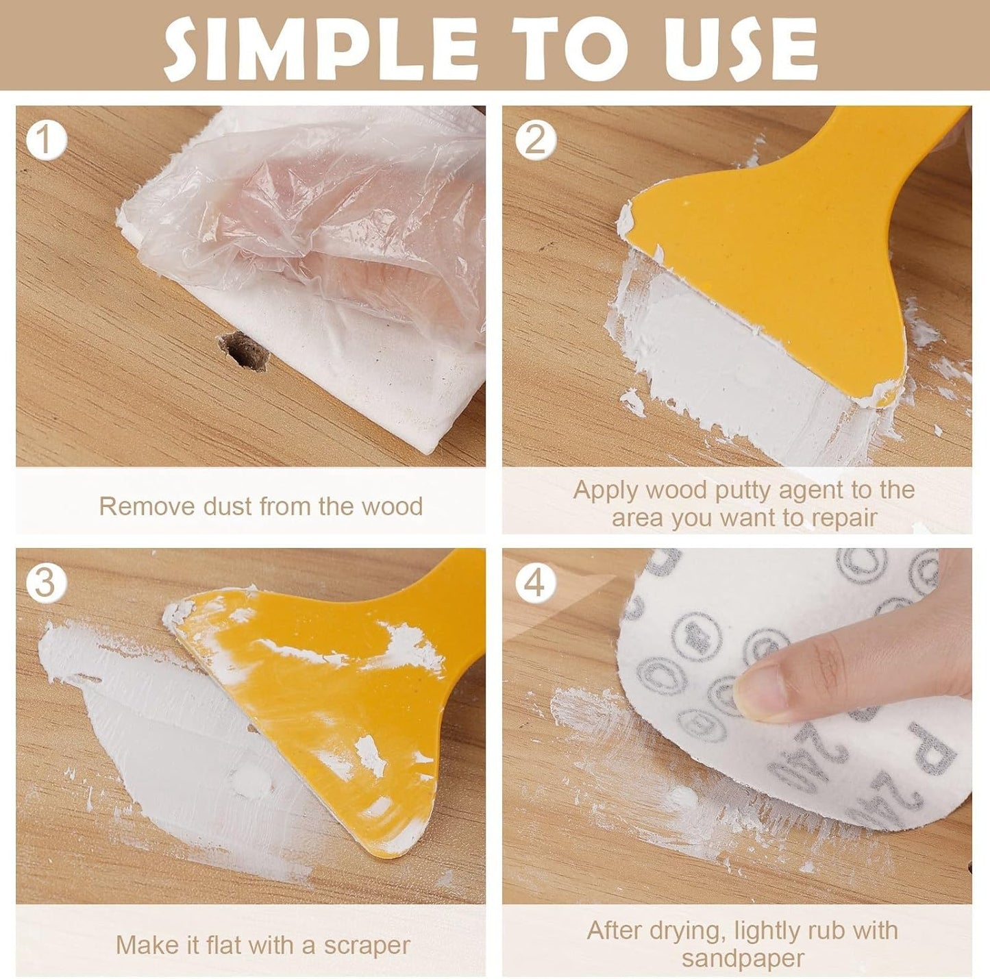 SEISSO Wood Filler & Putty - Waterproof Outdoor Wood Repair Putty, Paintable & Stainable, White Furniture Repair Kit for Wooden Cabinets, Doors, Floors, Tables