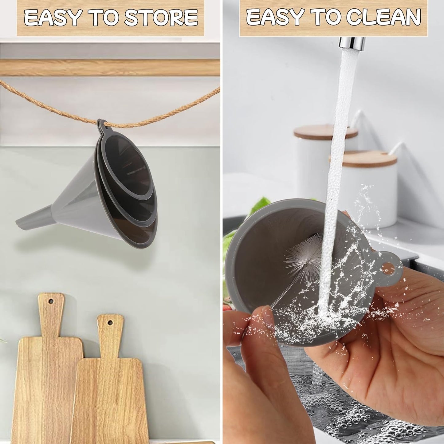 Plastic Kitchen Funnel Set of 3 with Clean Brush, Round Food Funnels for Kitchen Use, Multifunctional Funnels for Filling Canning&Bottles, Suitable for Cooking, Lab and Automotive Use